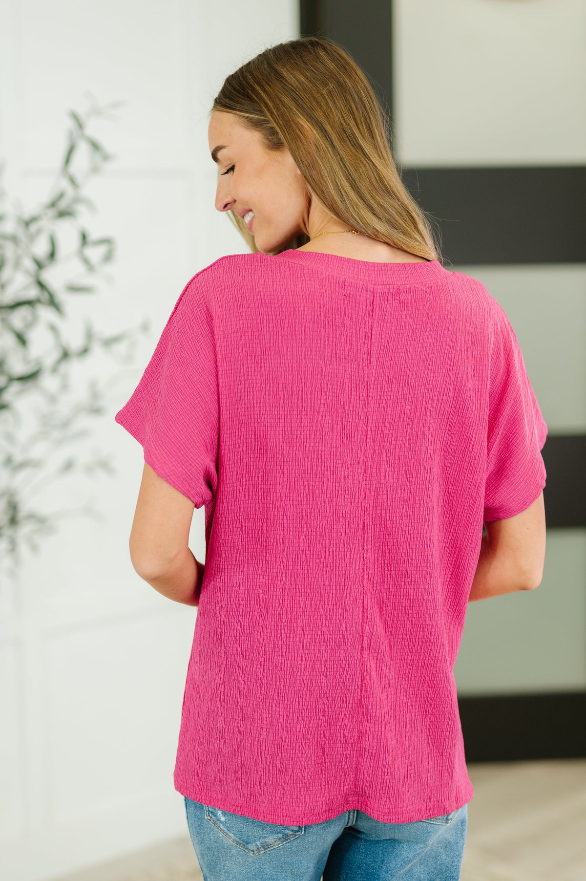 Trial and Error Textured V-Neck Blouse in Magenta