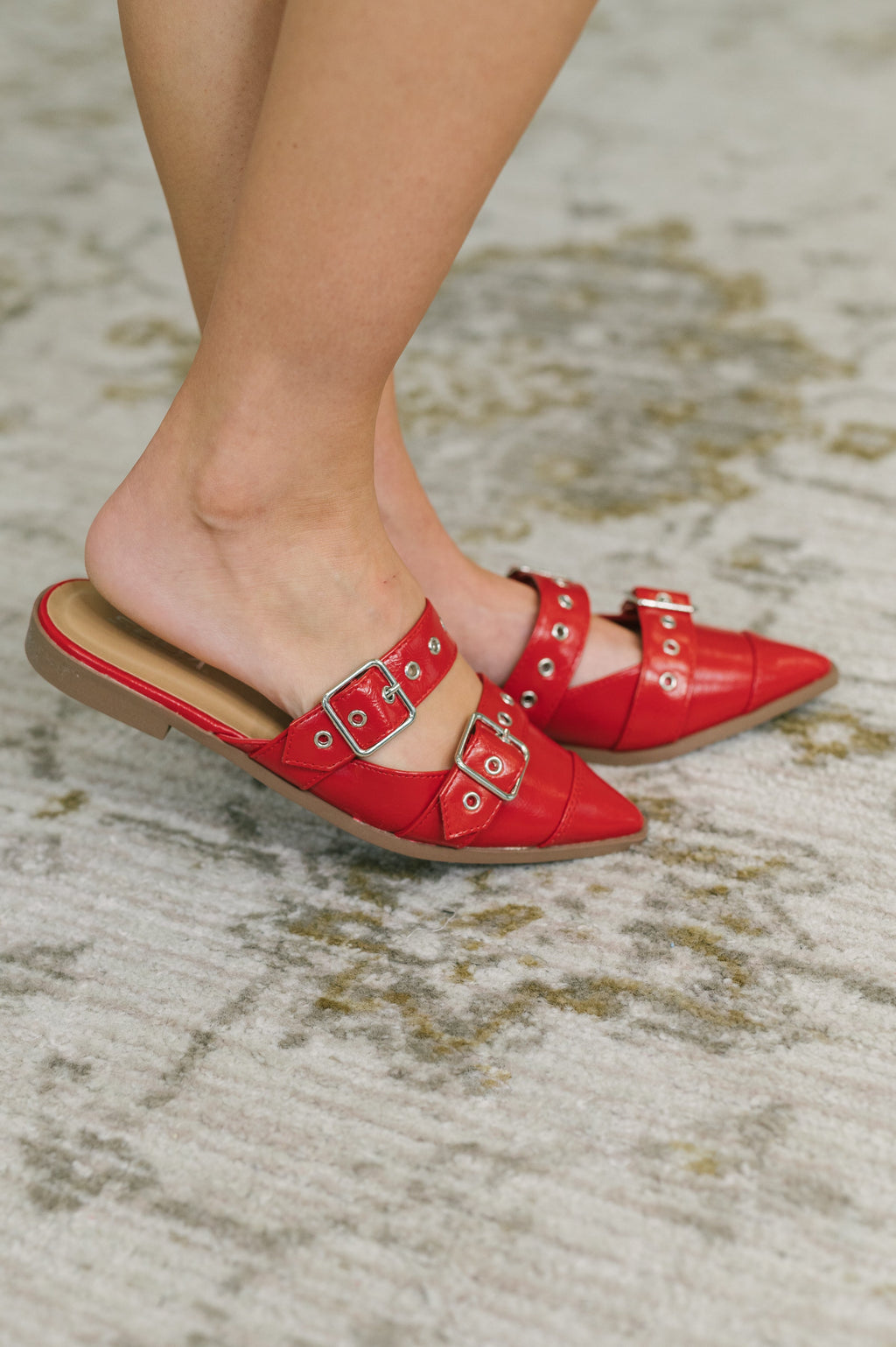 Usual Pointy Toe Double Buckle Flat in Red