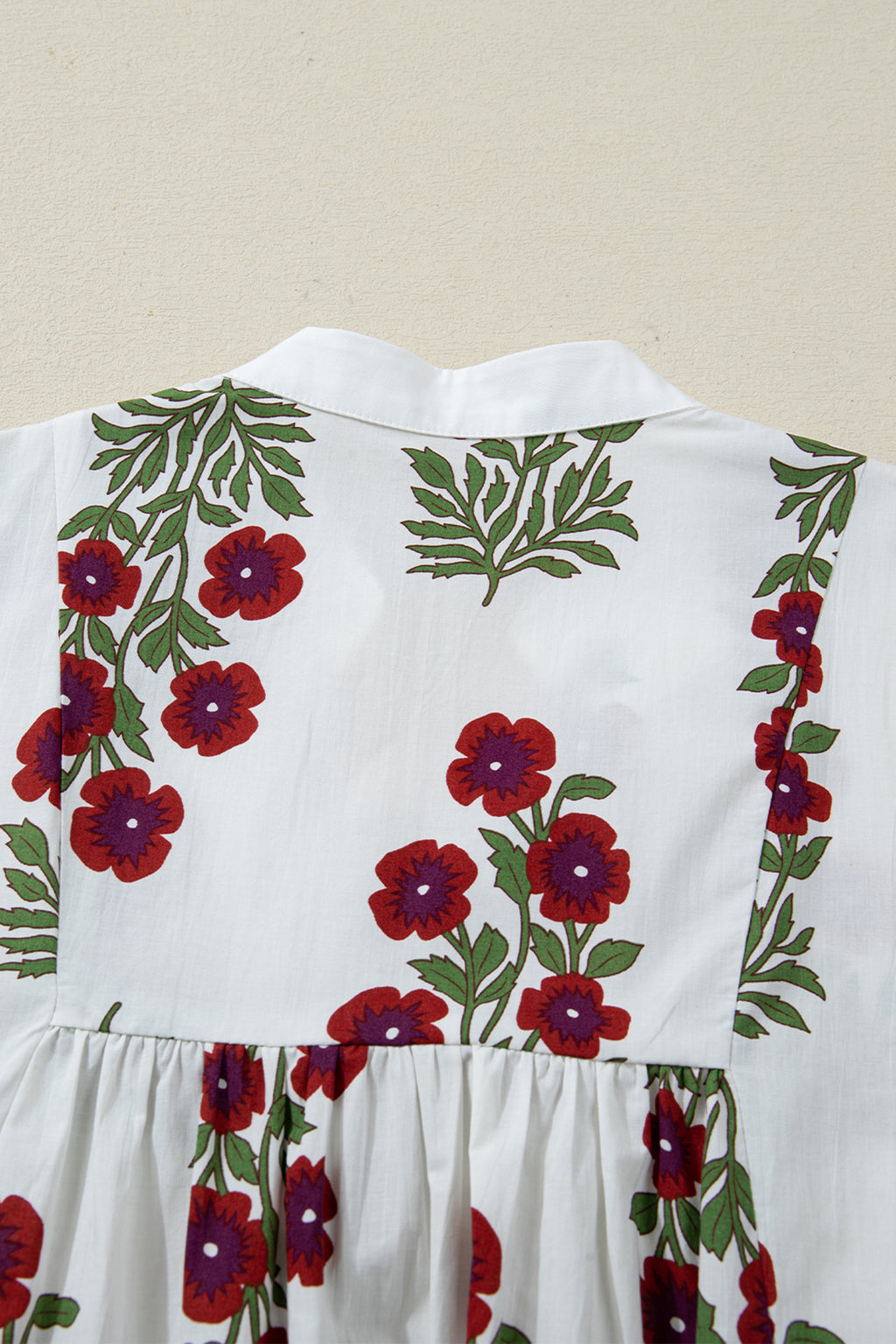 White Frilled V Neck 3/4 Sleeve Loose Floral Dress