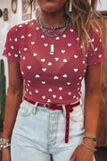 Racing Red Allover Heart Print Mesh Short Sleeve Top