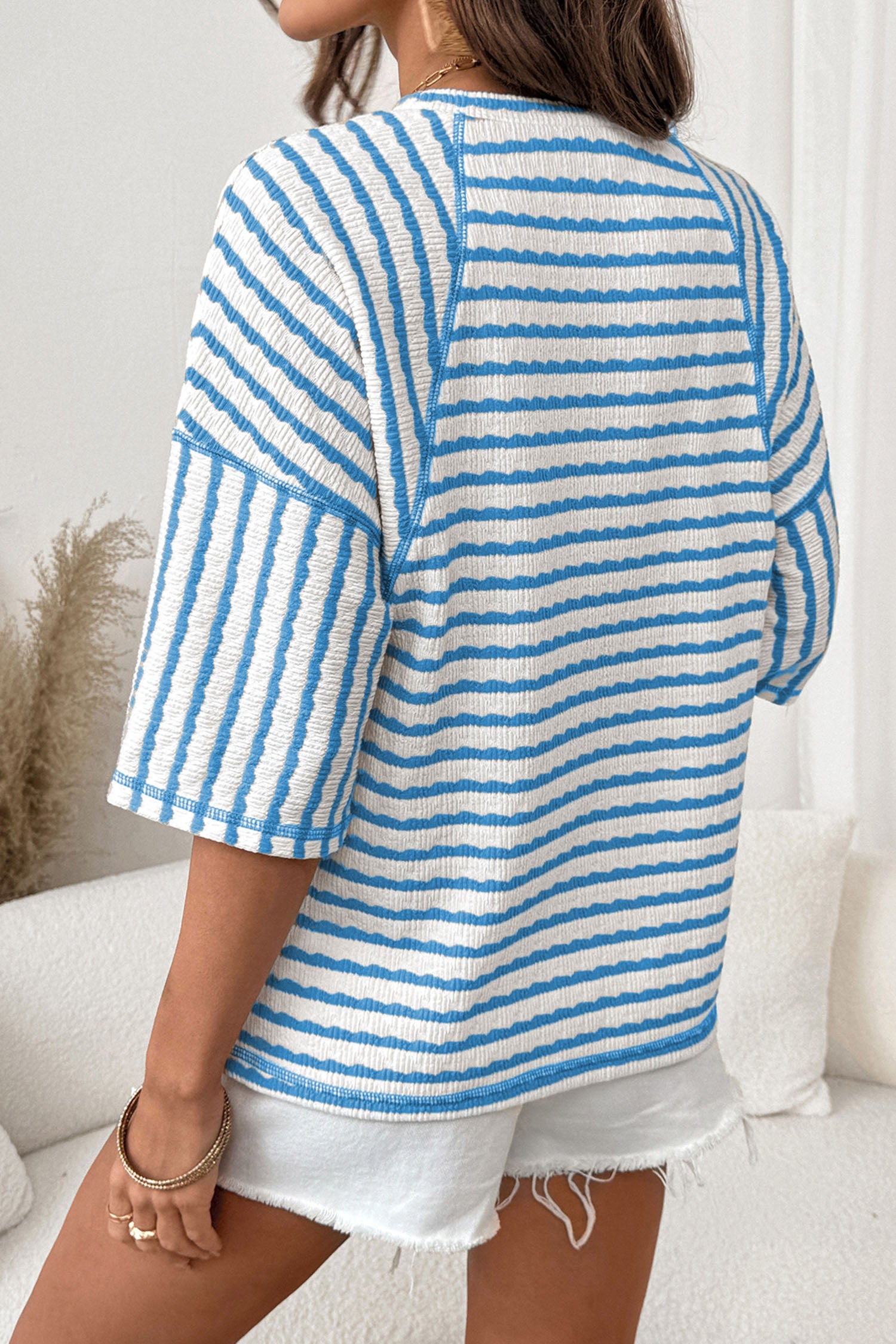 Sky Blue Stripe Textured Knit Split Hem Half Sleeve Loose Top