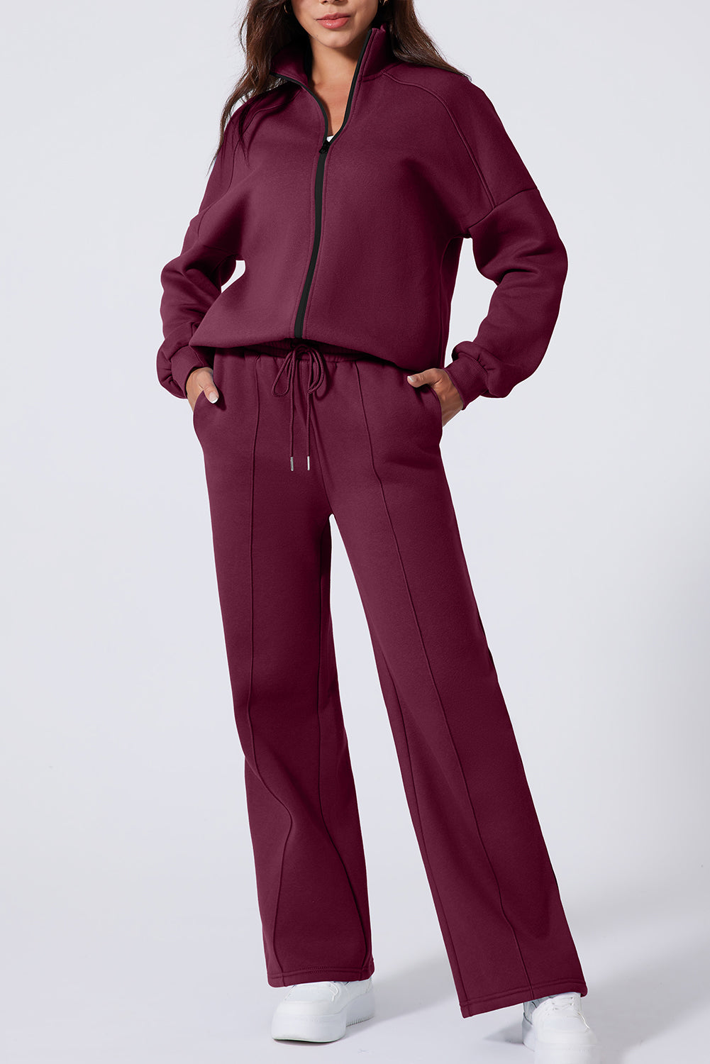 Black Drop Shoulder Zip Up Jacket Drawstring Pants Active 2pcs Set