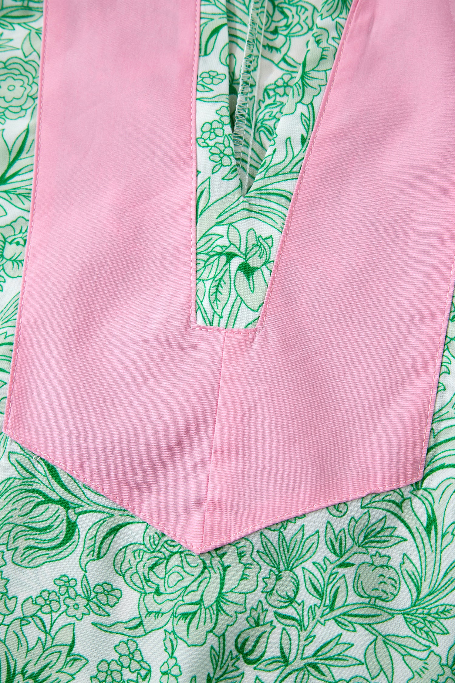 Pink Floral Print Color Block Patchwork V Neck Short Sleeve Midi Dress