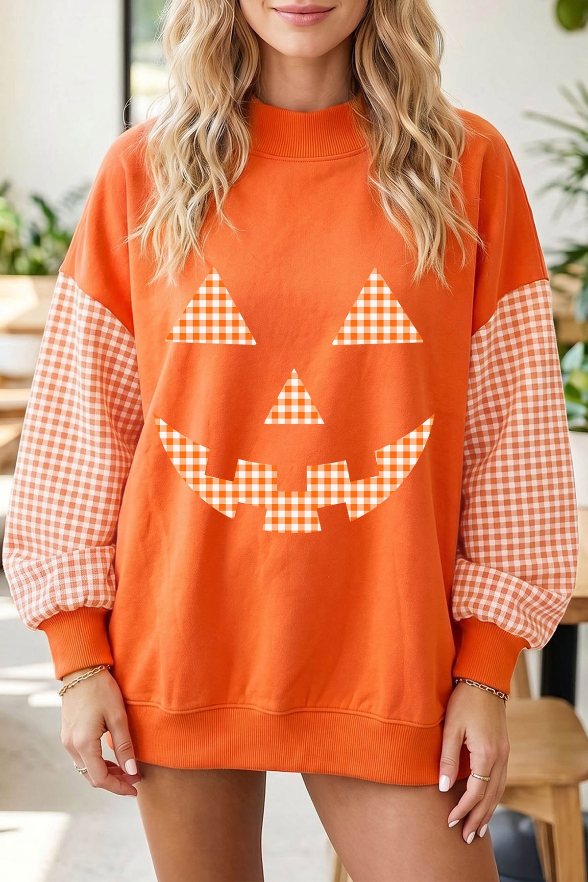 Russet Orange Plaid Sleeve Halloween Pumpkin Face Graphic Sweatshirt