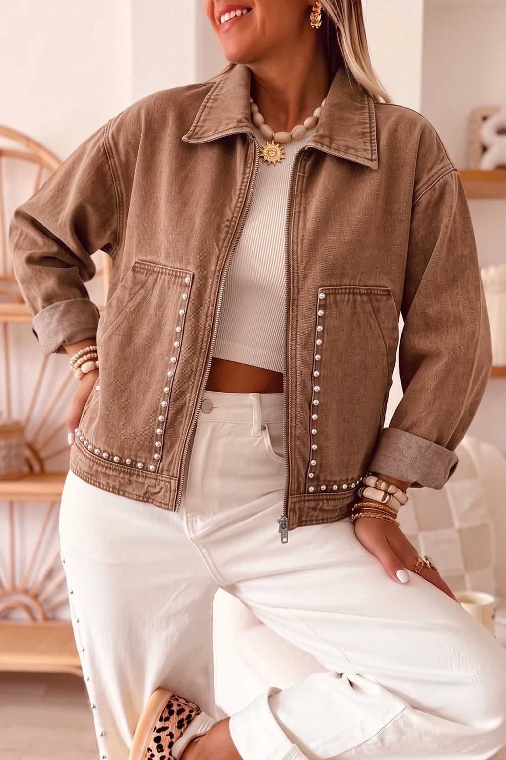 Studded Zip-Up Denim Jacket with Rivet Pockets