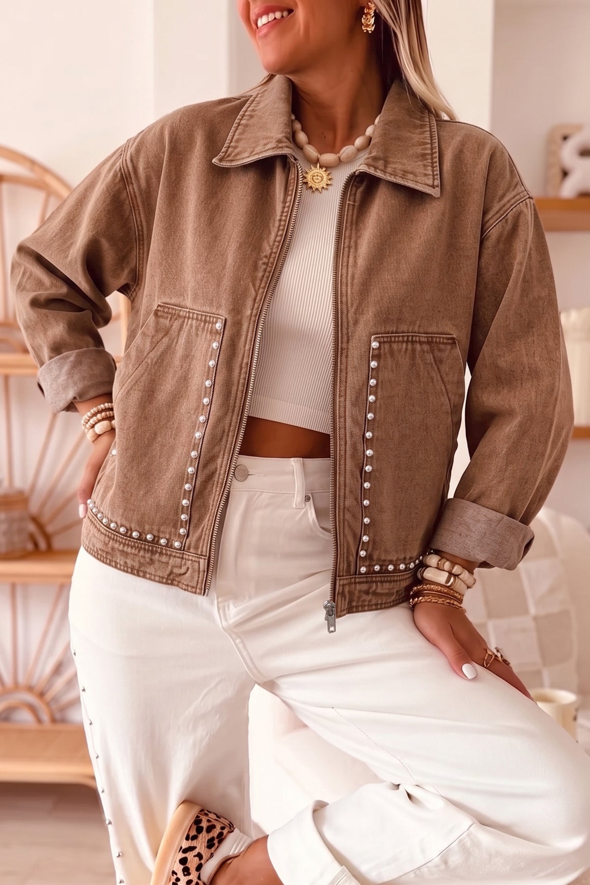 Studded Zip-Up Denim Jacket with Rivet Pockets