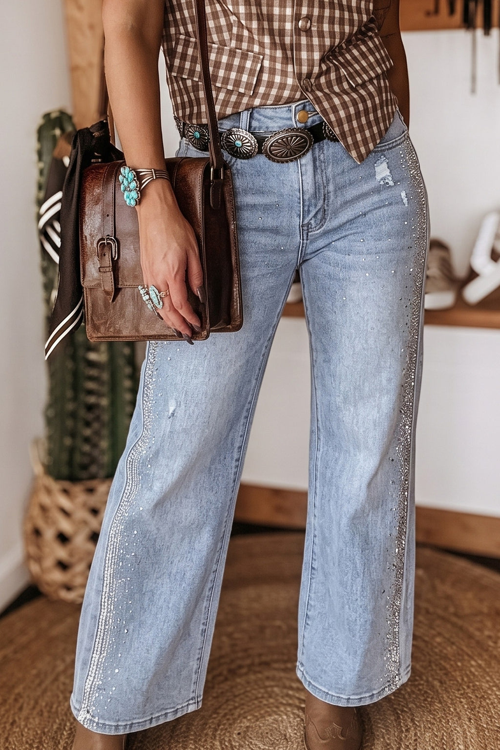 Beau Blue Rhinestone Embellished Ripped Ankle Jeans