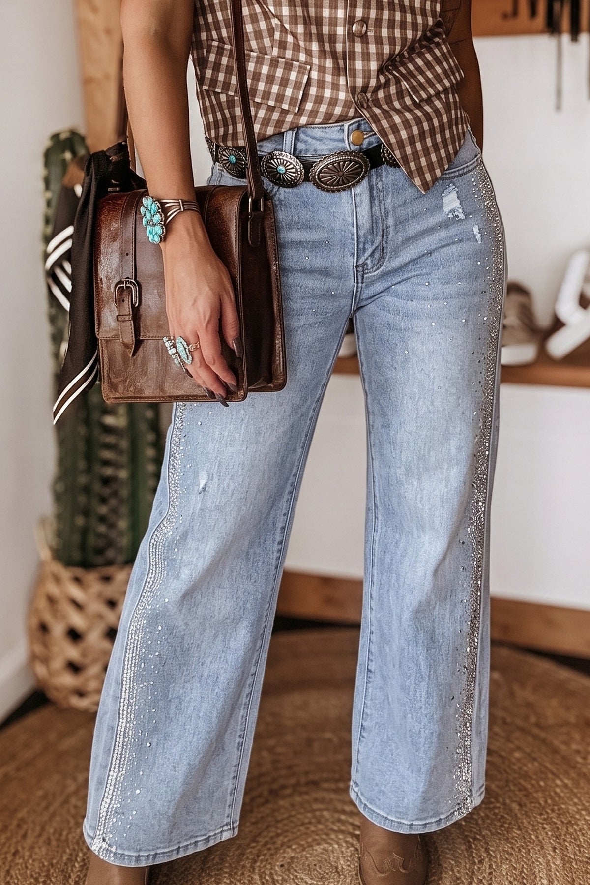 Beau Blue Rhinestone Embellished Ripped Ankle Jeans