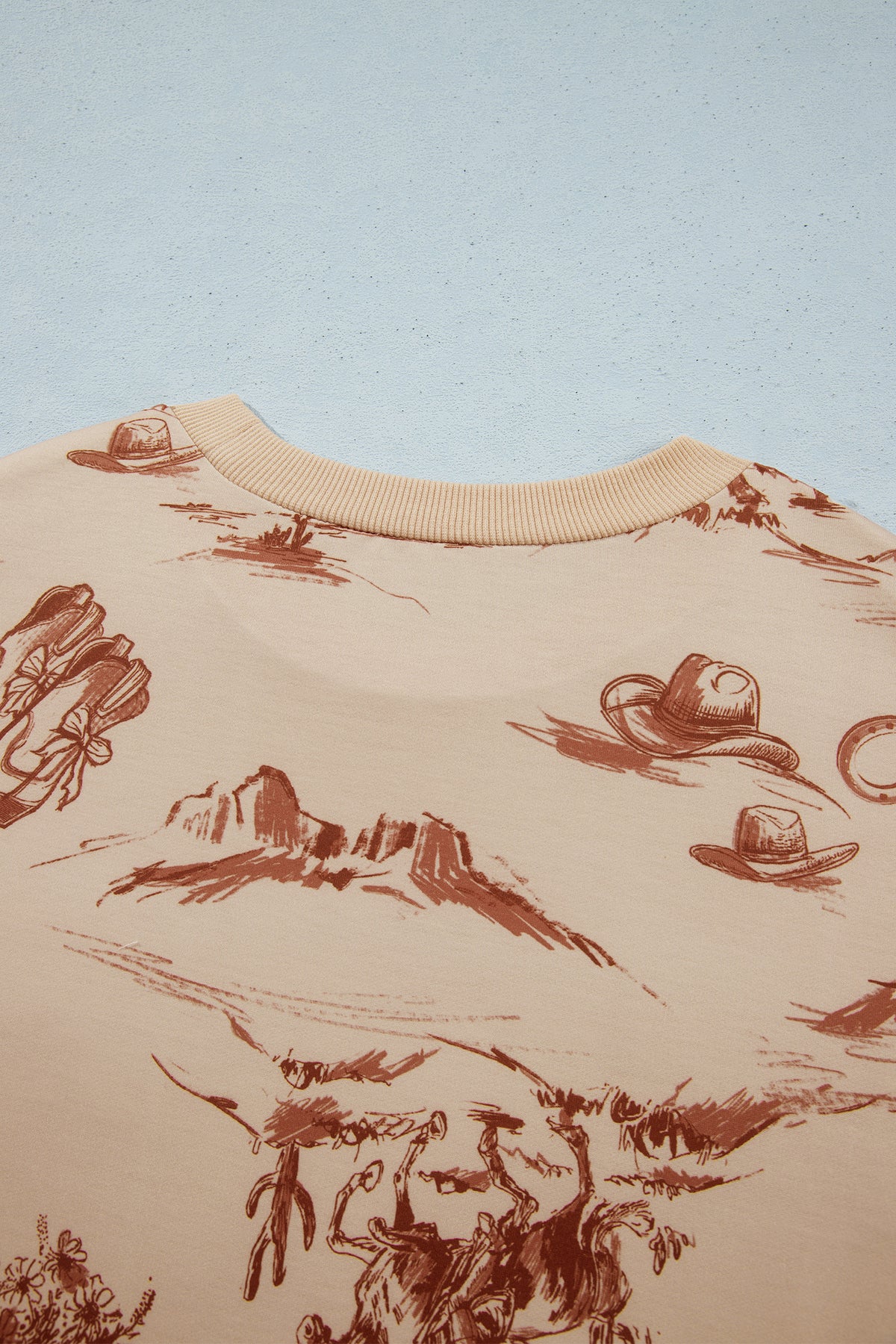 Beige Western Print Loose Fit Long Sleeve Top Short Set