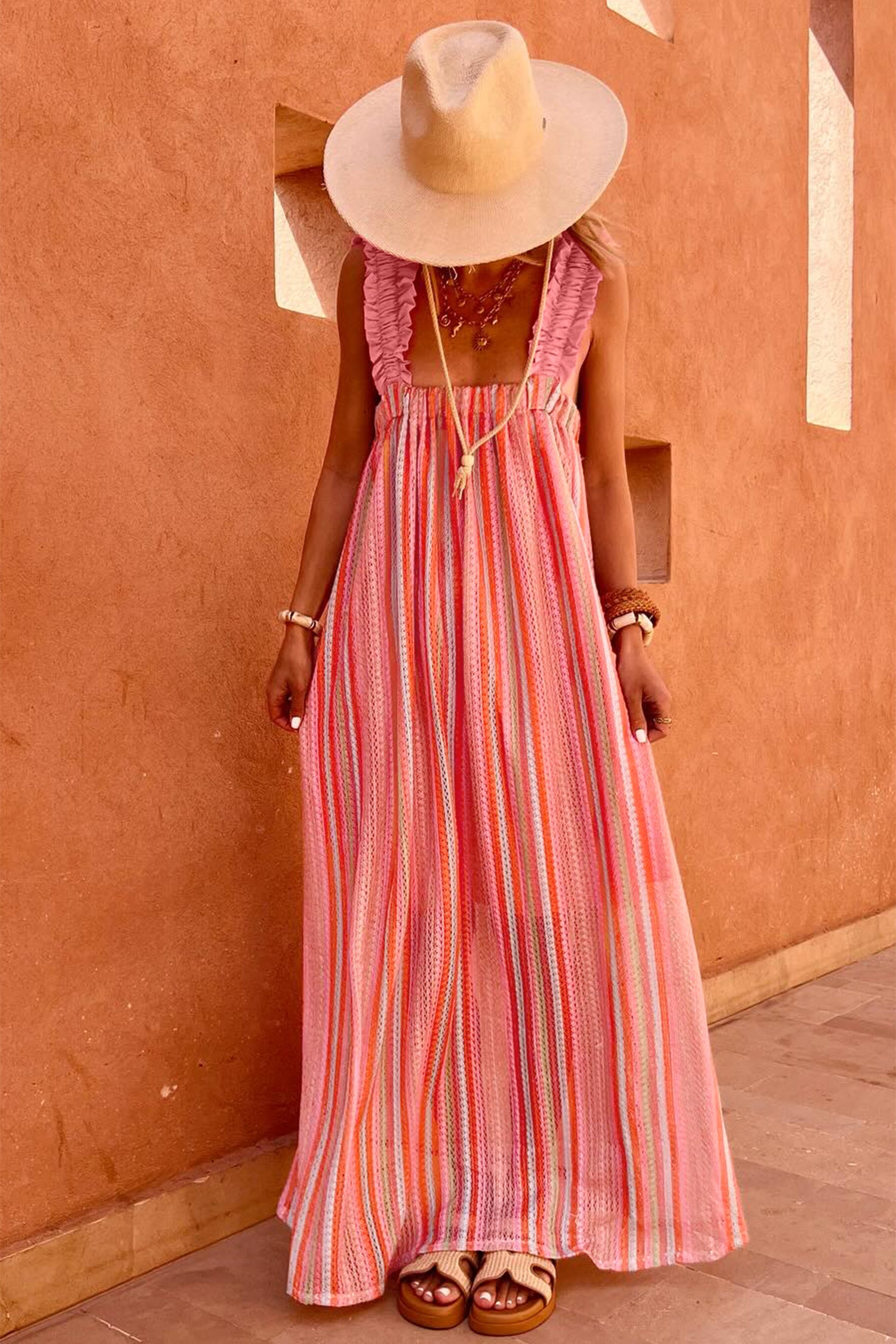 Sunny Angela Women's Striped Bohemian Ruffled Strap Ribbon Knot Flowy Maxi Dress - Sunny Pink Stripe / M Sunny Angela Women's Striped Bohemian Ruffled Strap Ribbon Knot Flowy Maxi Dress - Sunny Pink Stripe / M