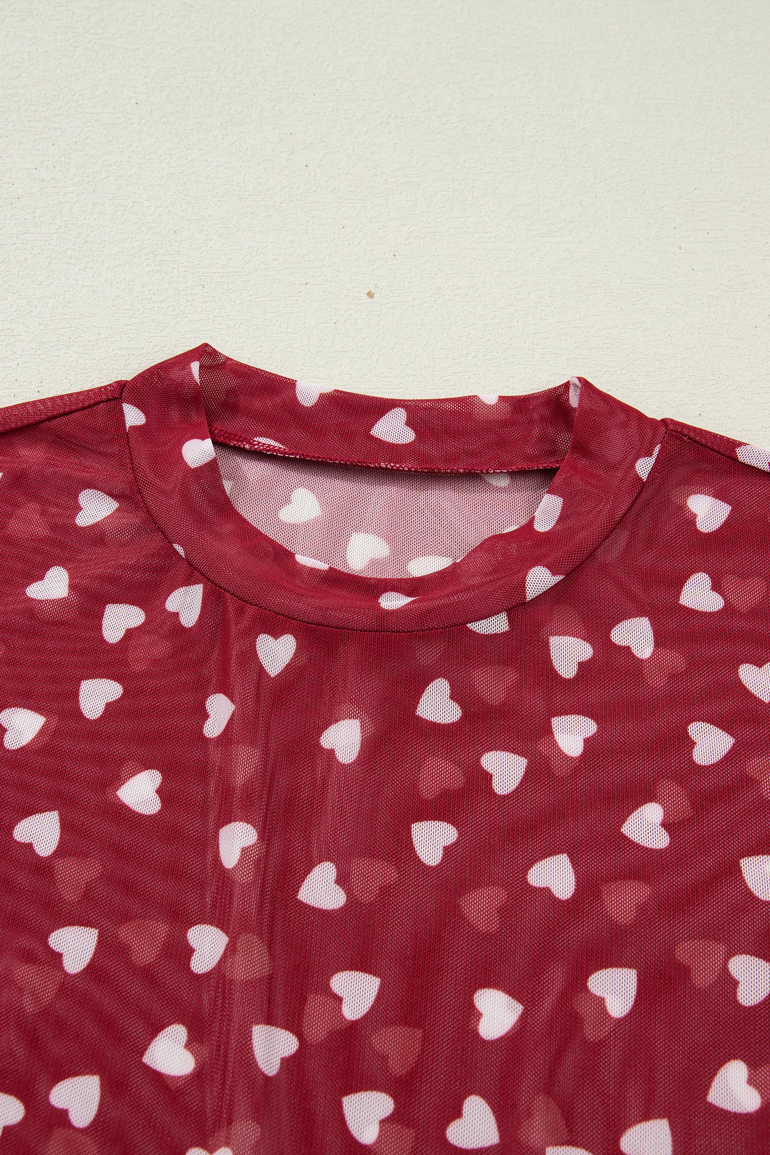 Racing Red Allover Heart Print Mesh Short Sleeve Top