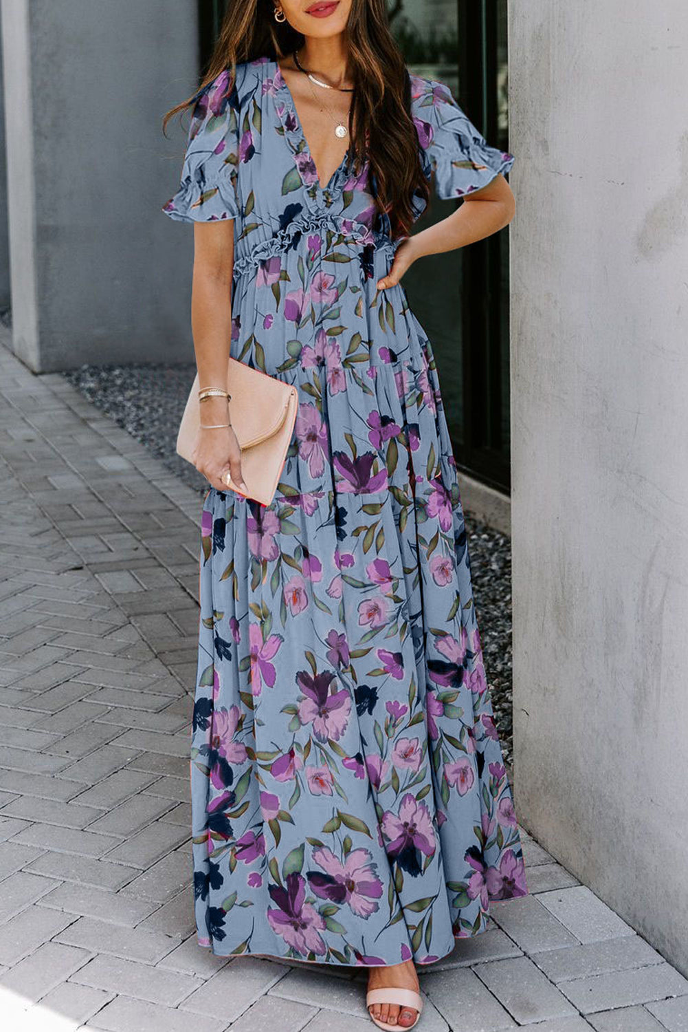 Green Fiery Floral Print Frilled V Neck Short Sleeve Maxi Dress