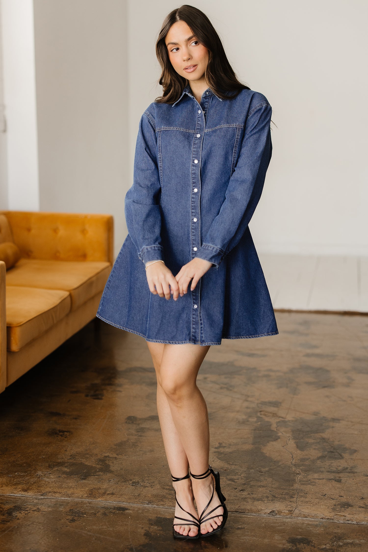 Ashleigh Blue Denim Shirt Collar Long Sleeve Flared Mini Dress