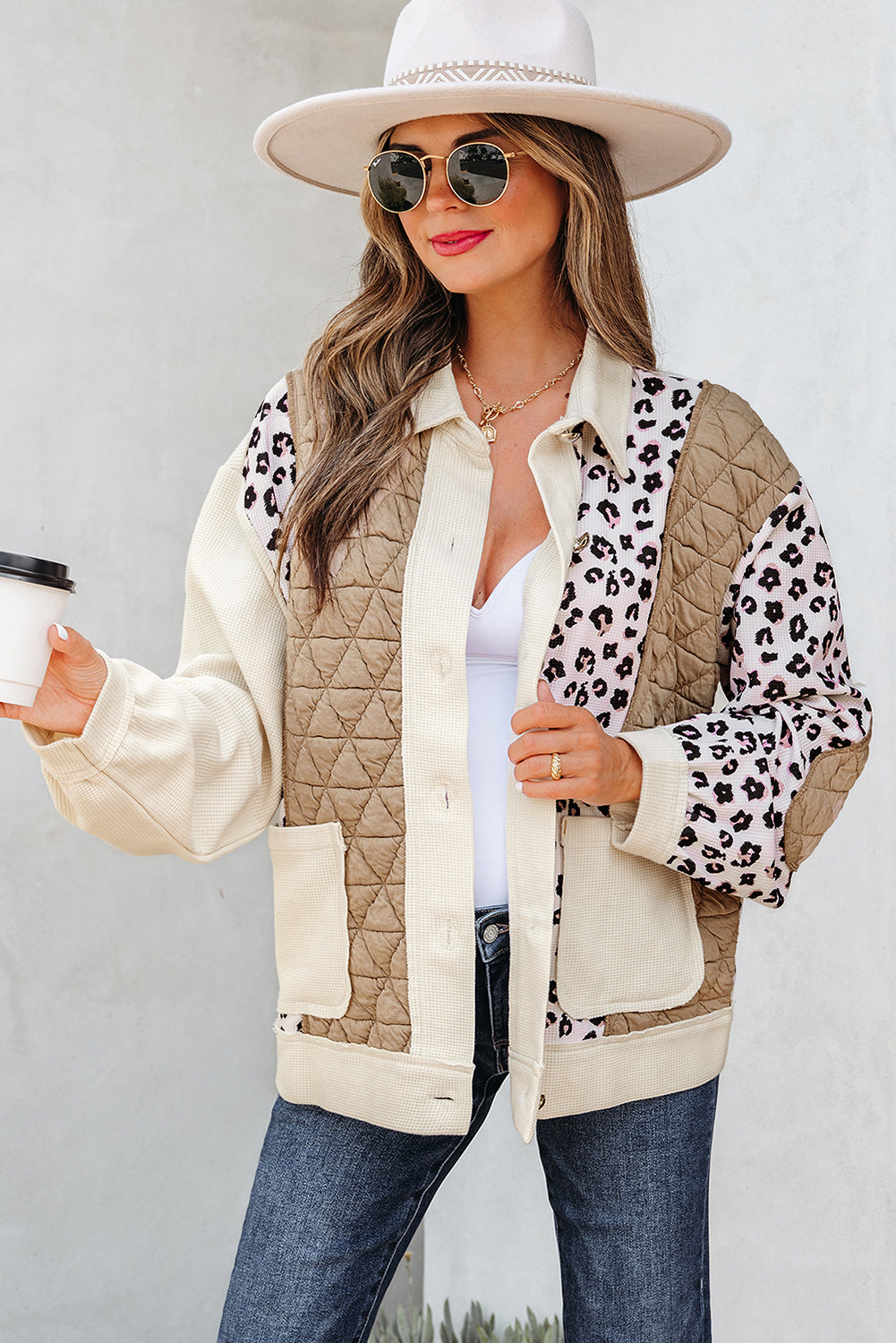 Khaki Leopard Waffle Quilted Patchwork Button Front Jacket