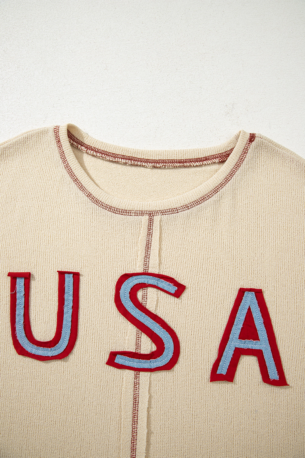 Beige USA Star Contrast Patchwork Exposed Seam Long Sleeve Top