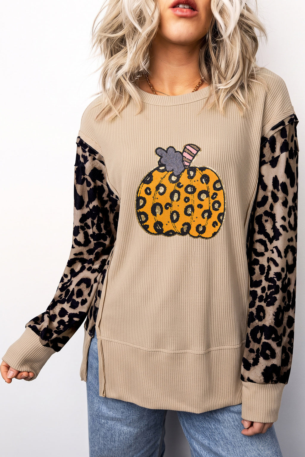 Gray Morn Leopard Sleeve Pumpkin Graphic Western Pullover Top