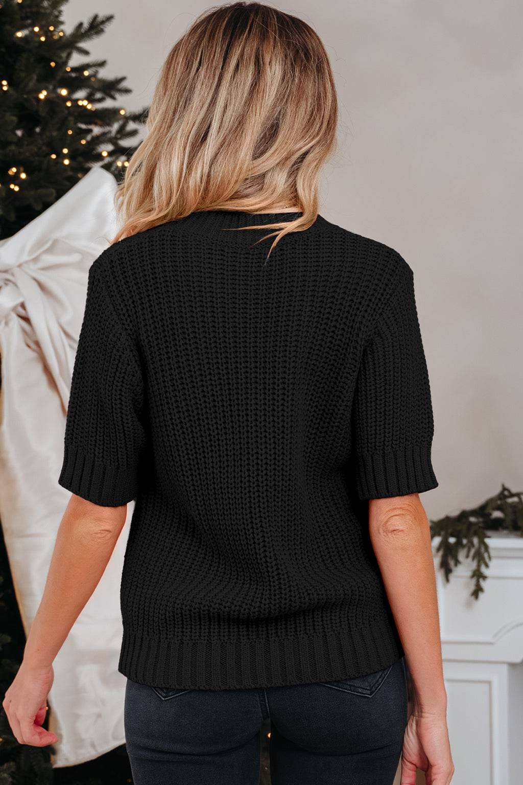 Fiery Red Plaid Lace up Detail Christmas Holiday Puff Short Sleeve Sweater