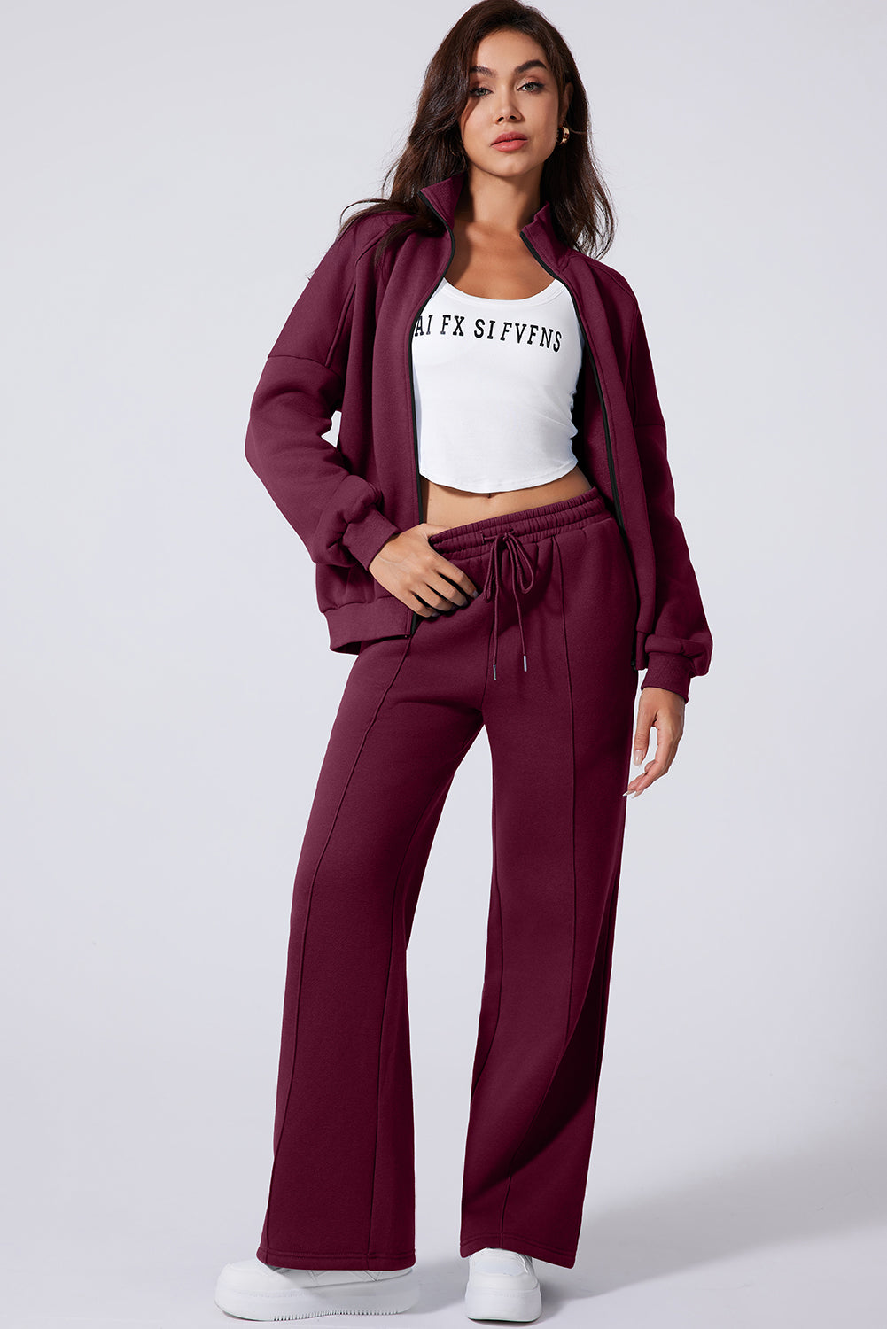Black Drop Shoulder Zip Up Jacket Drawstring Pants Active 2pcs Set