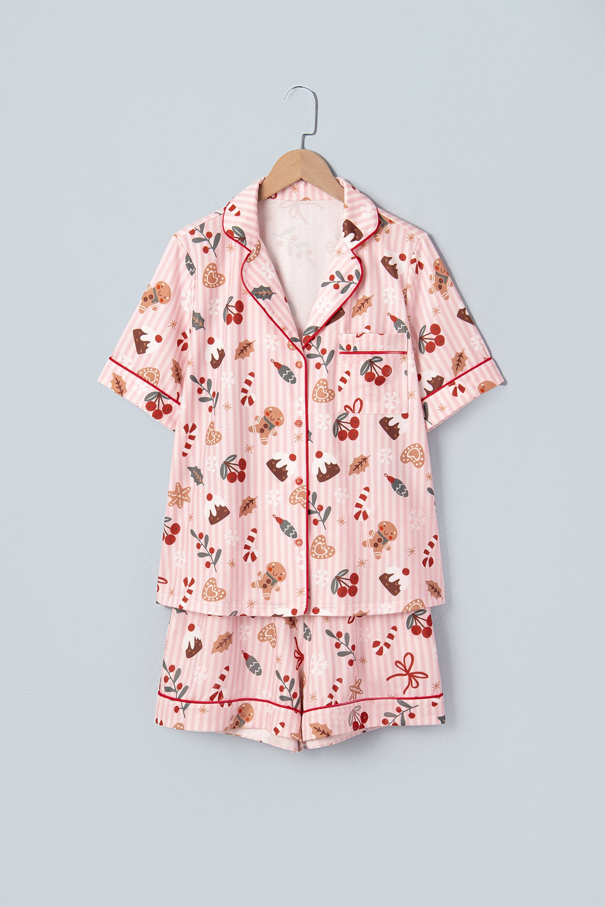Pink Christmas Print Short-Sleeve Top & Shorts Lounge Set