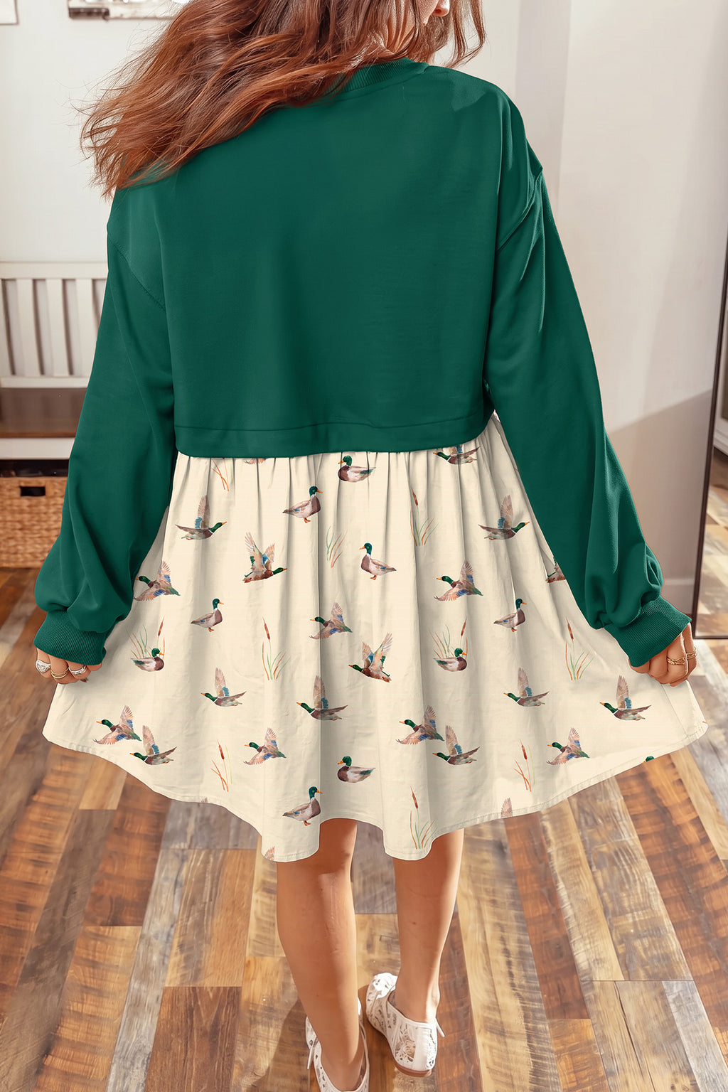 Mallard Print 2-in-1 Long-Sleeve Mini Dress