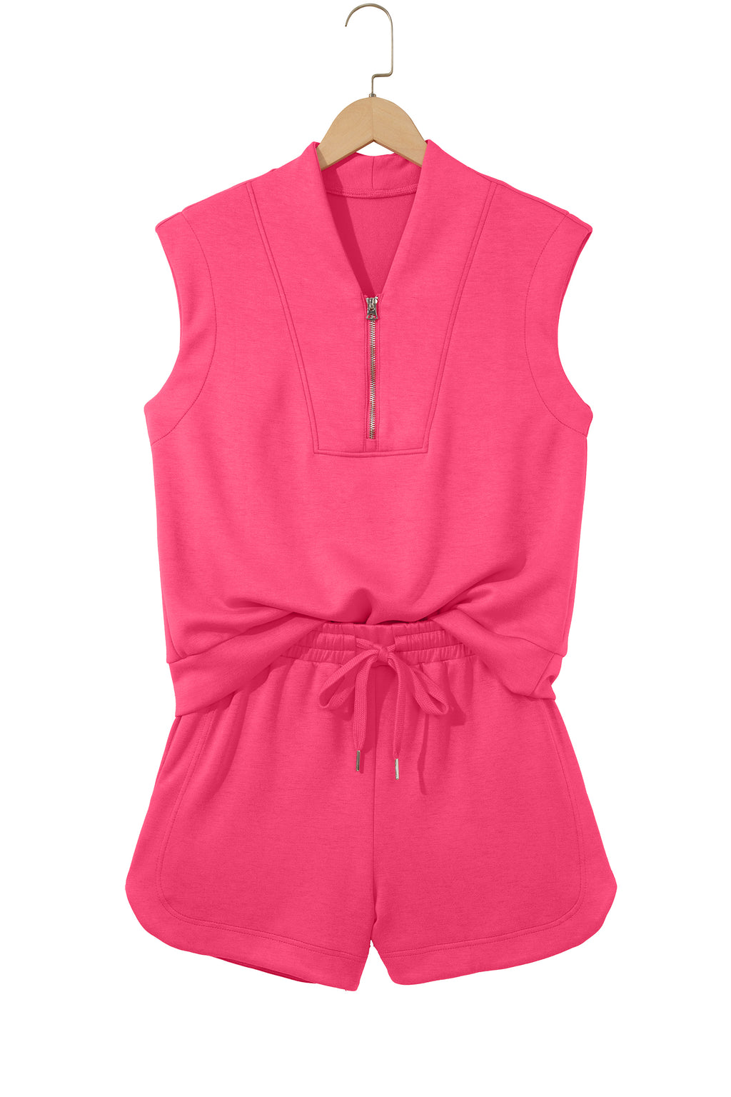 Smoke Green Quarter Zip Sleeveless Top Drawstring Shorts Casual 2pcs Outfit