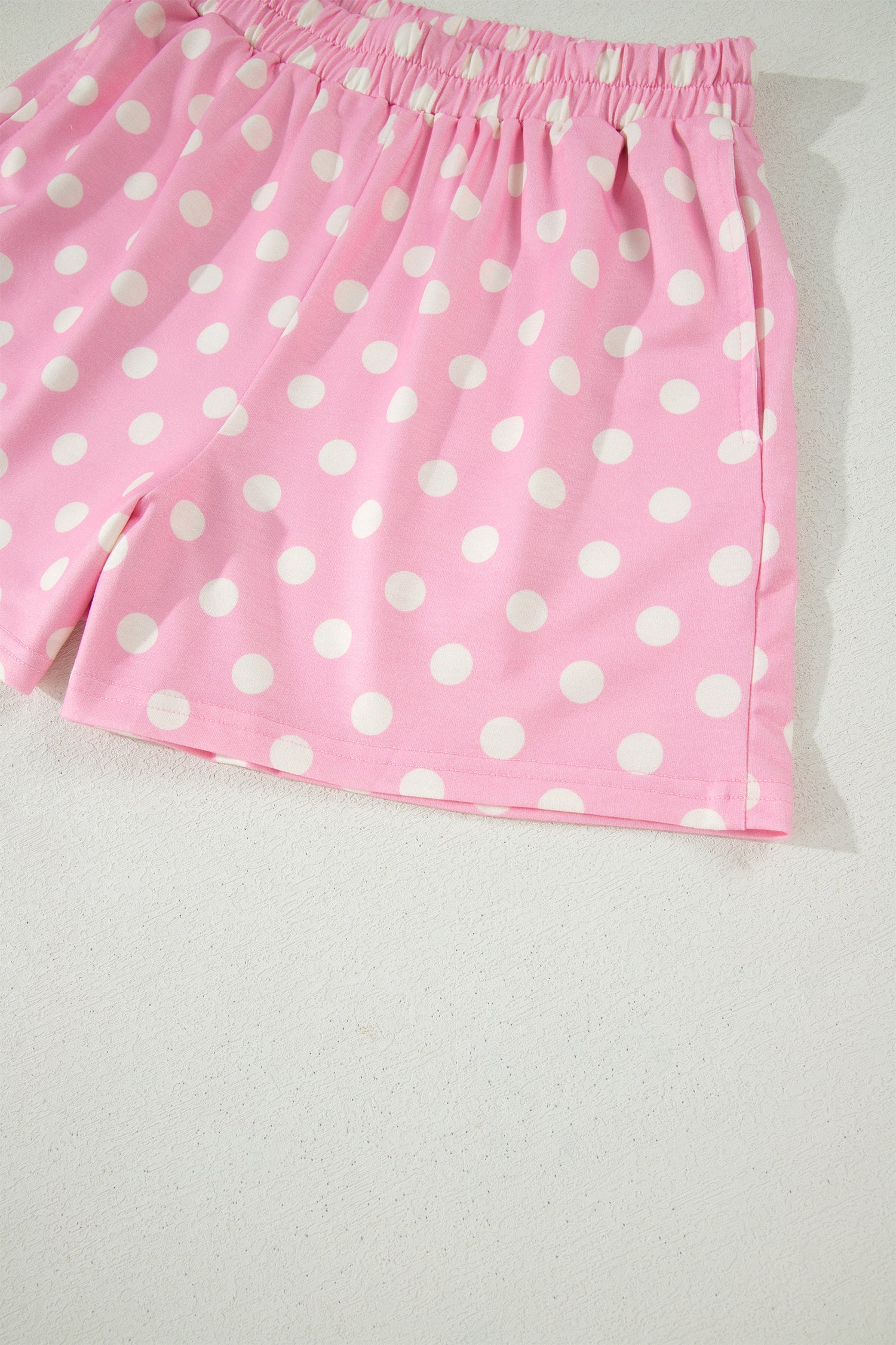 Pink Polka Dot Print Color Block Trim Mock Neck Short Set