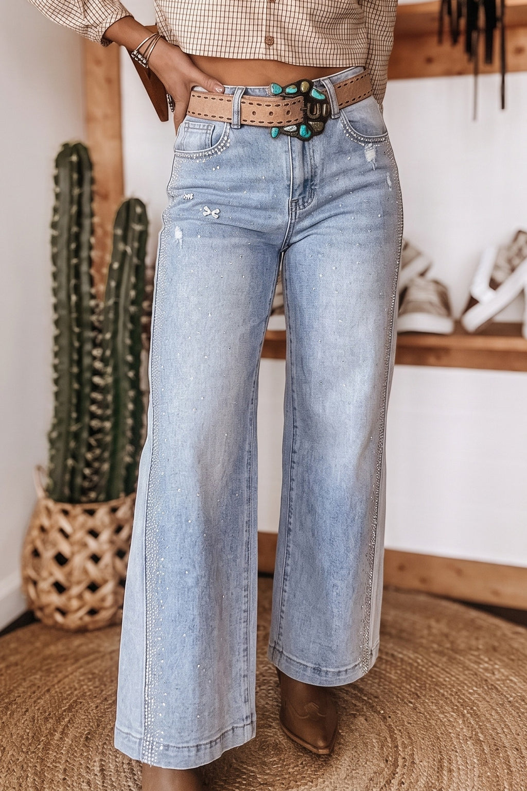 Beau Blue Rhinestone Embellished Ripped Ankle Jeans