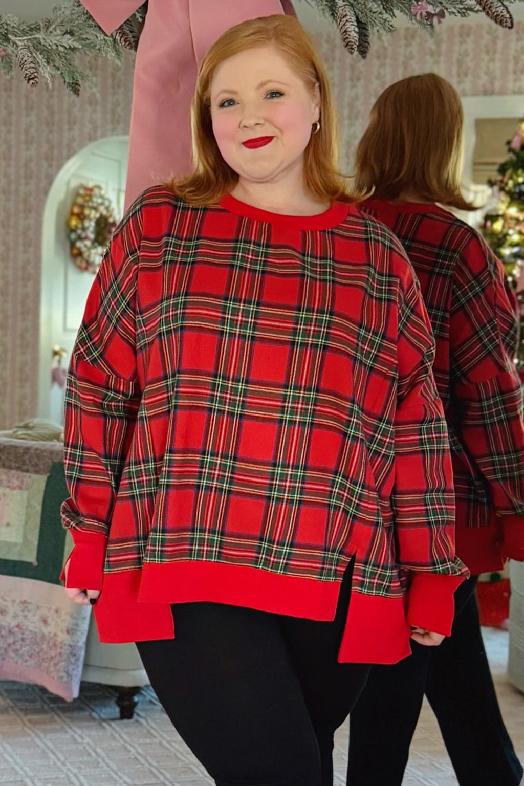 Red Plus Size Festive Plaid Long Sleeve Split Tunic Sweatshirt