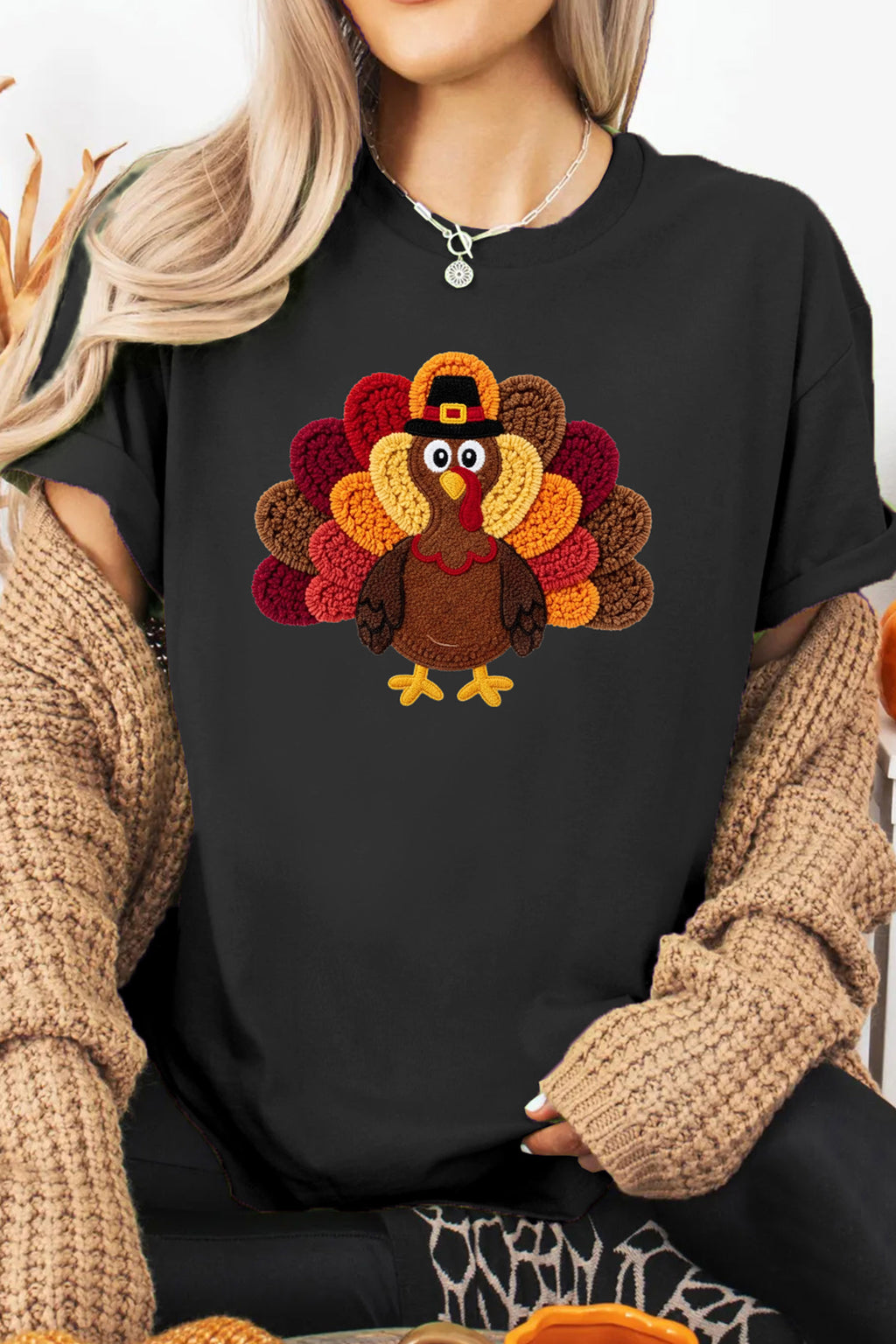 Black Thanksgiving Turkey Printed Graphic Short Sleeve Casual Shift T-Shirt
