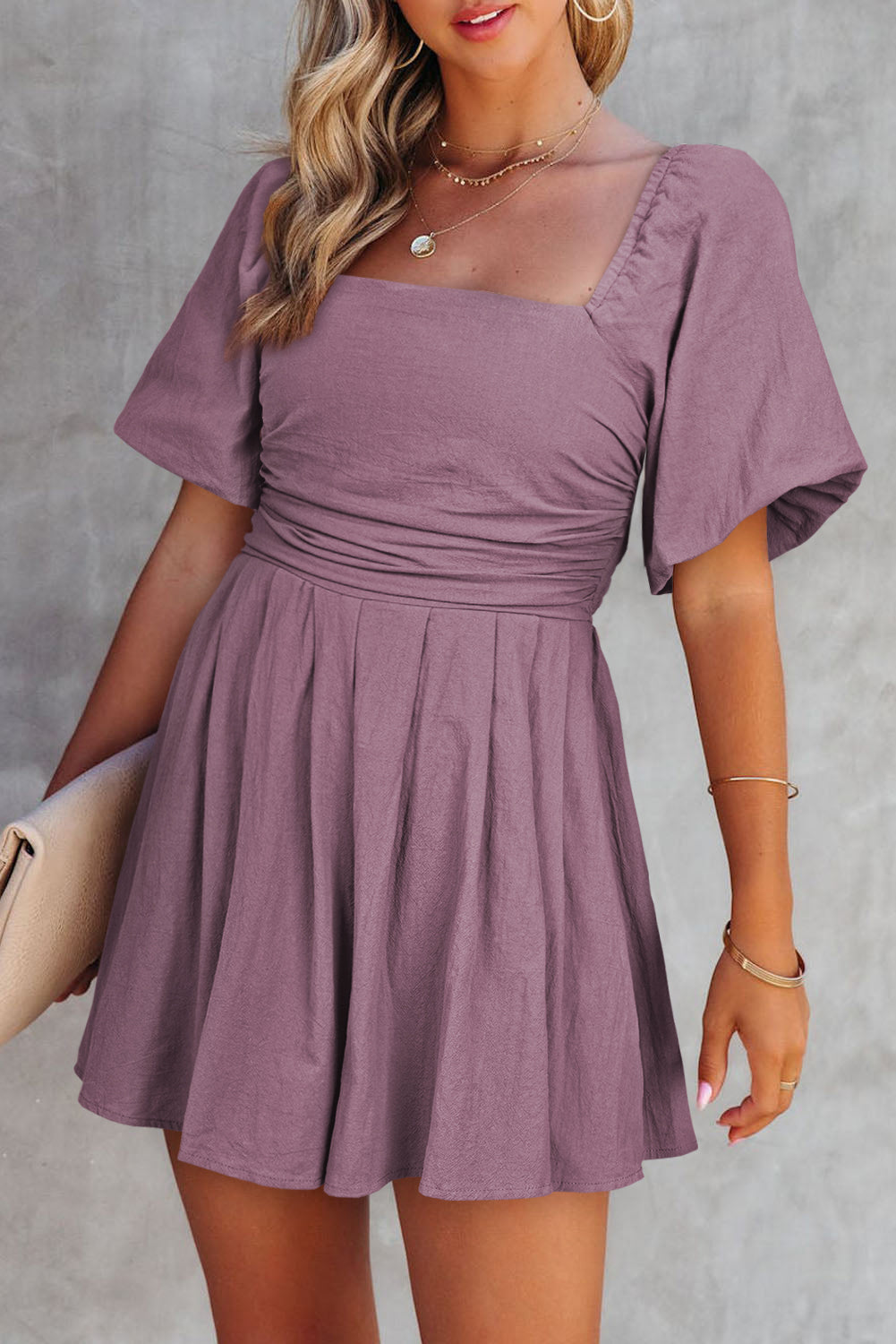 Valerian Square Neck Ruched Puff Sleeve Romper