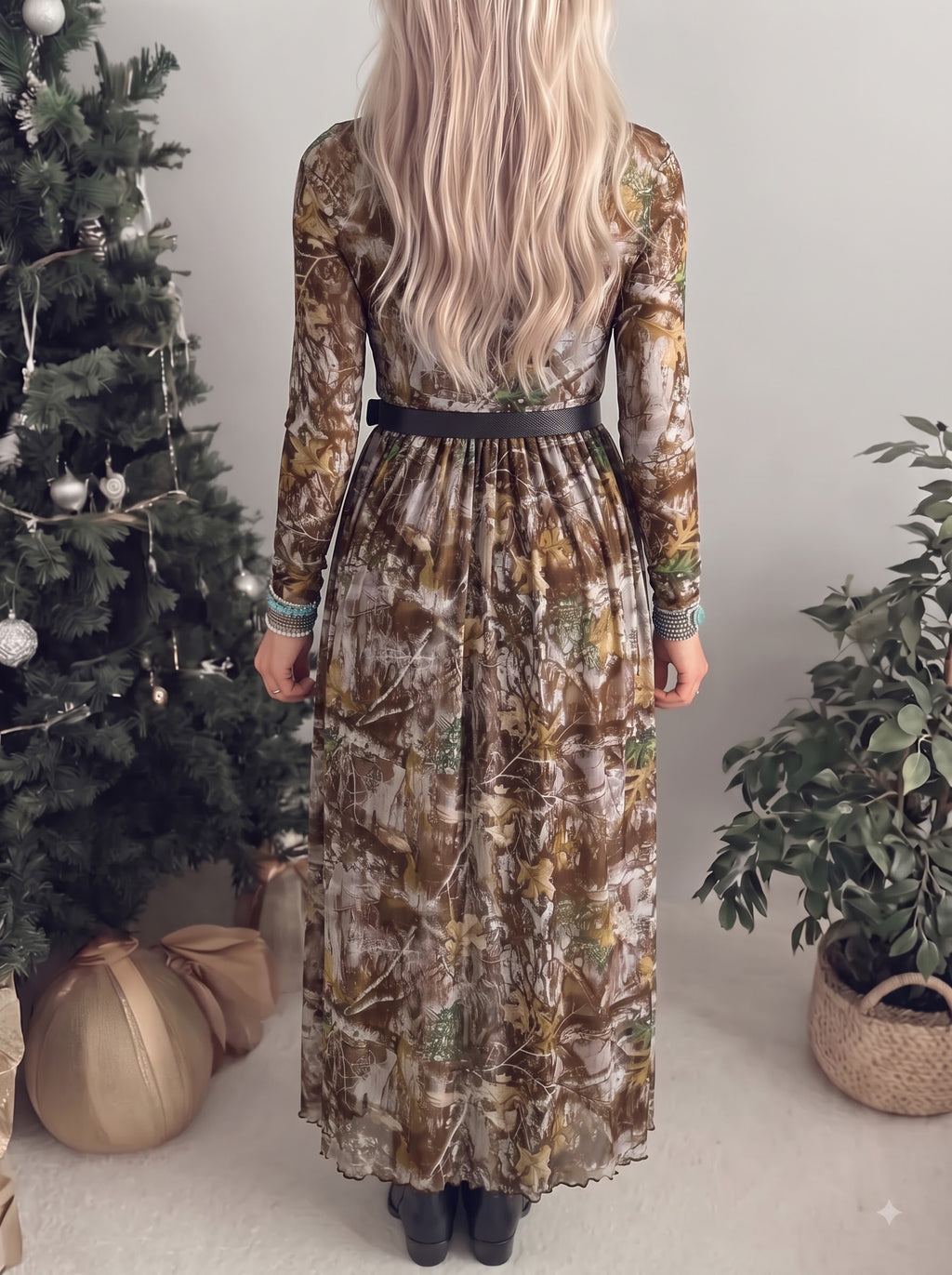 Brown Woodland Camo Mock Neck Long-Sleeve Mesh Maxi Dress