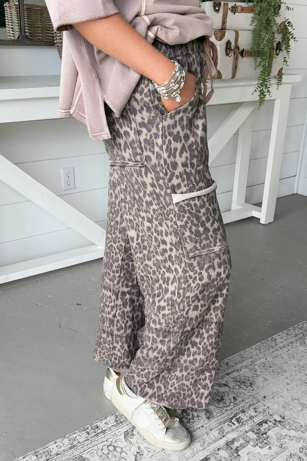 Khaki Plus Size Leopard Print Raw Edge Patch Pocket Drawstring Loose Pants