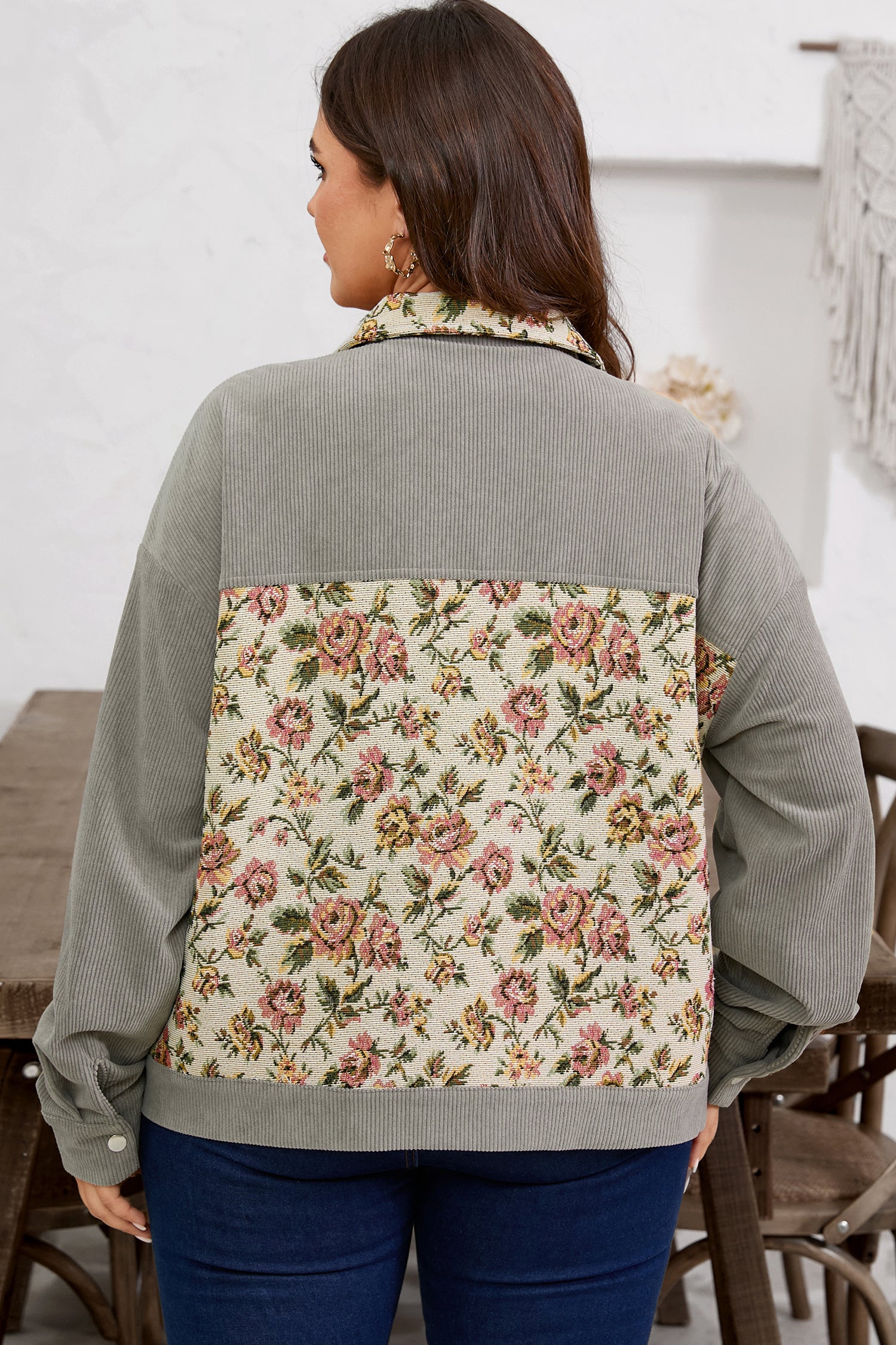 Medium Grey Corduroy Floral Patchwork Vintage Jacket