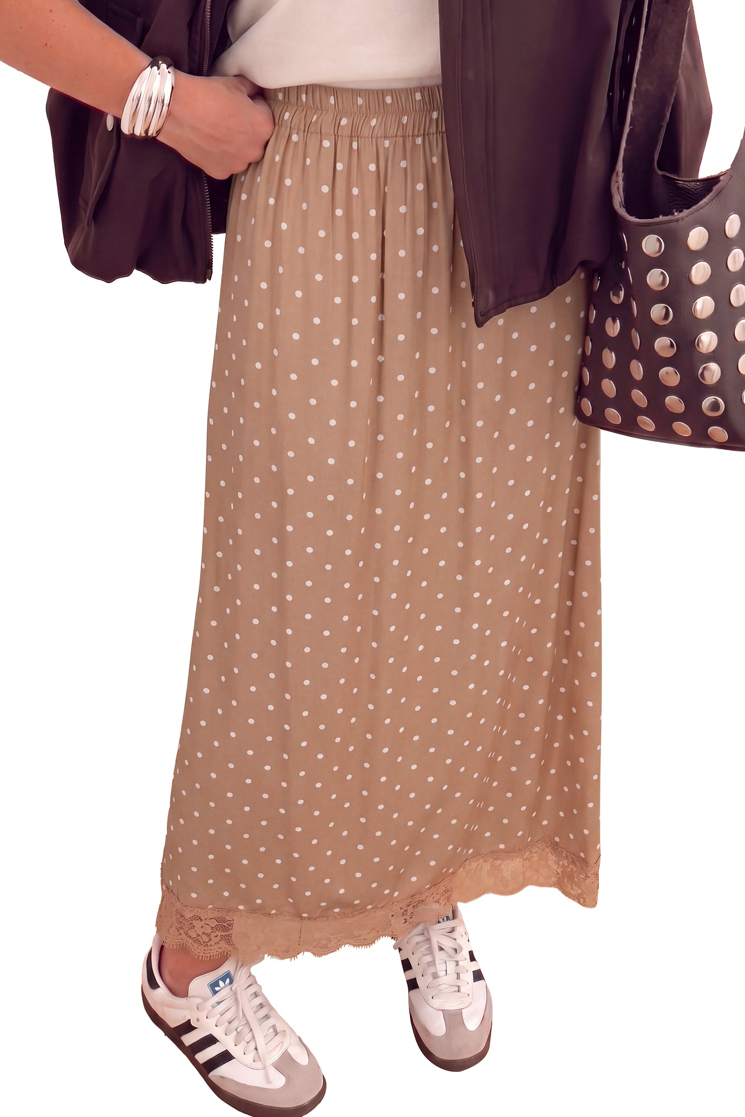 Khaki Polka Dot Lace Hem Elegant Long Shift Skirt