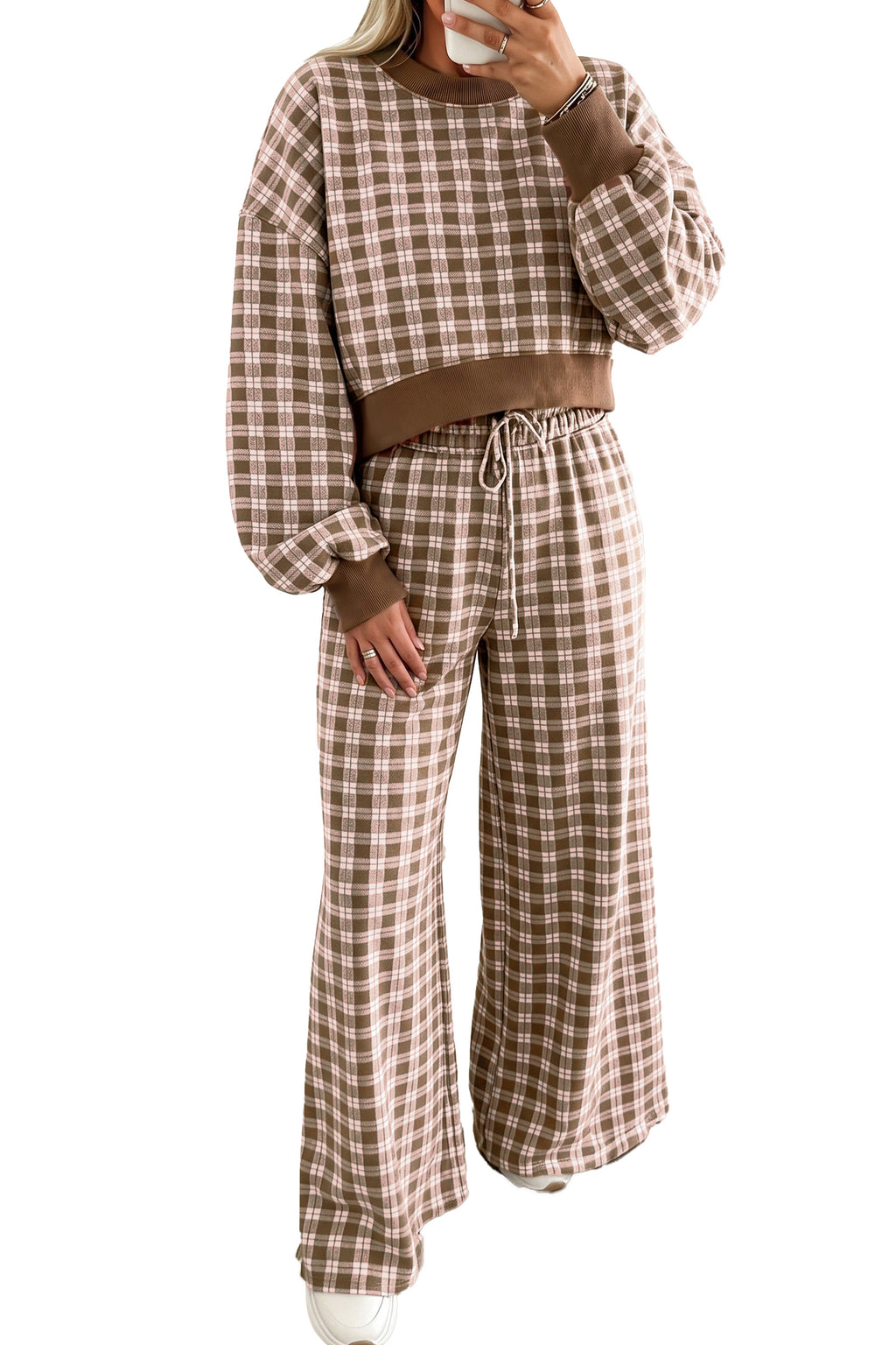 Plaid Cropped Long-Sleeve Top & Wide-Leg Pants Set
