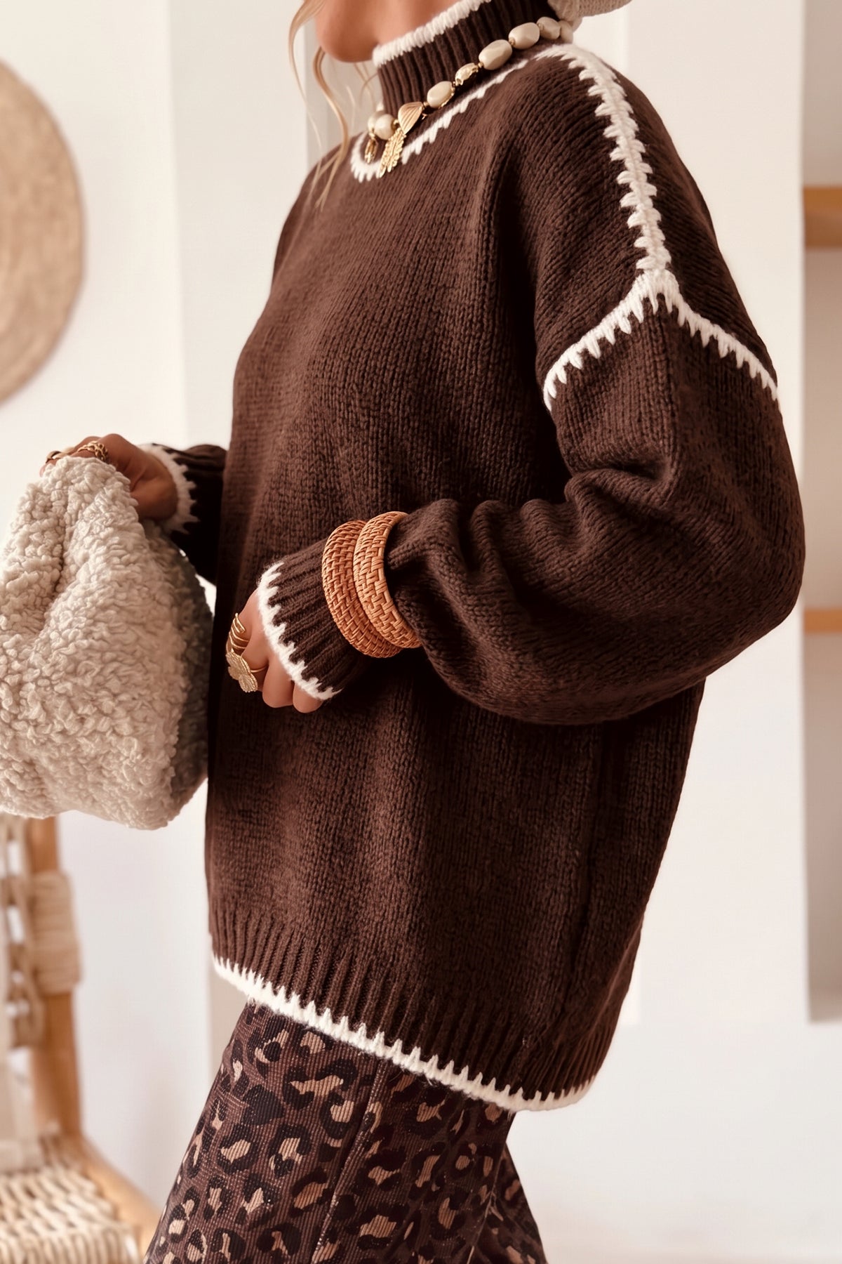 Contrast Trim Mock Neck Relaxed Sweater