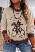 Oatmeal Western Print Color Block Ribbed Trim Crew Neck Shift Sweater