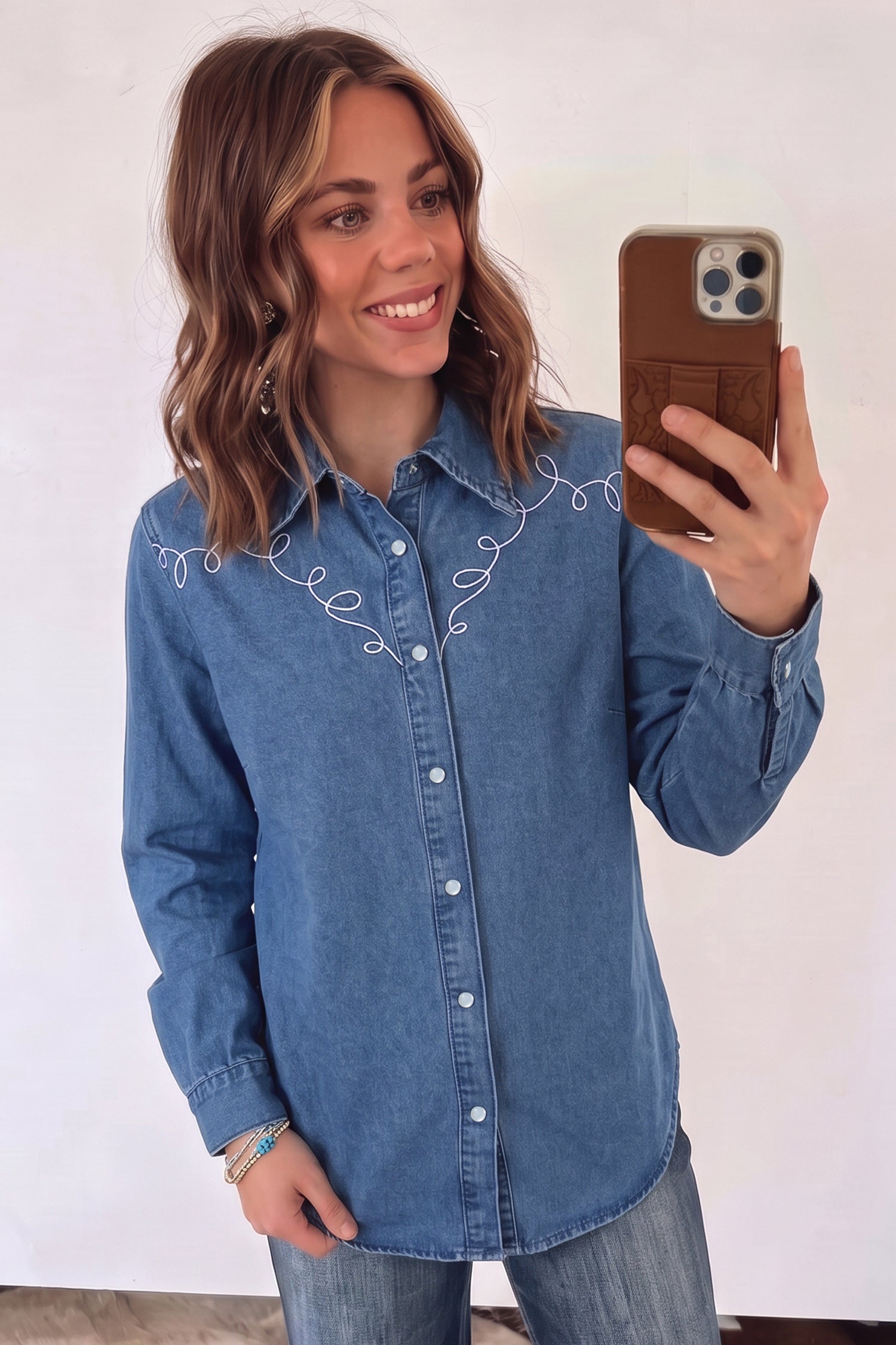 Dusk Blue Western Embroidered Collar Long Sleeve Denim Shirt