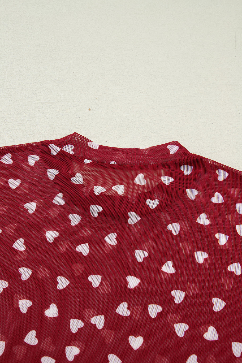 Racing Red Allover Heart Print Mesh Short Sleeve Top