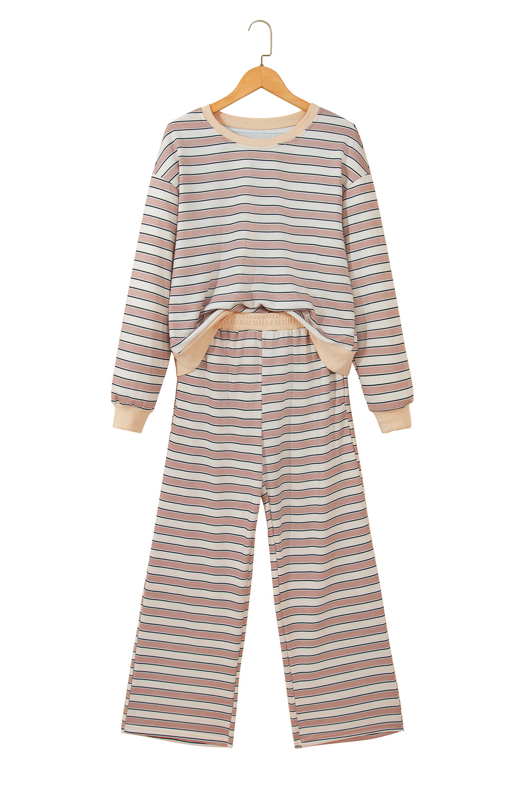 Khaki Striped Long-Sleeve Top & Wide-Leg Pants Lounge Set