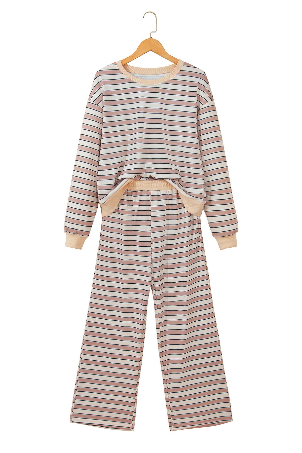 Khaki Striped Long-Sleeve Top & Wide-Leg Pants Lounge Set
