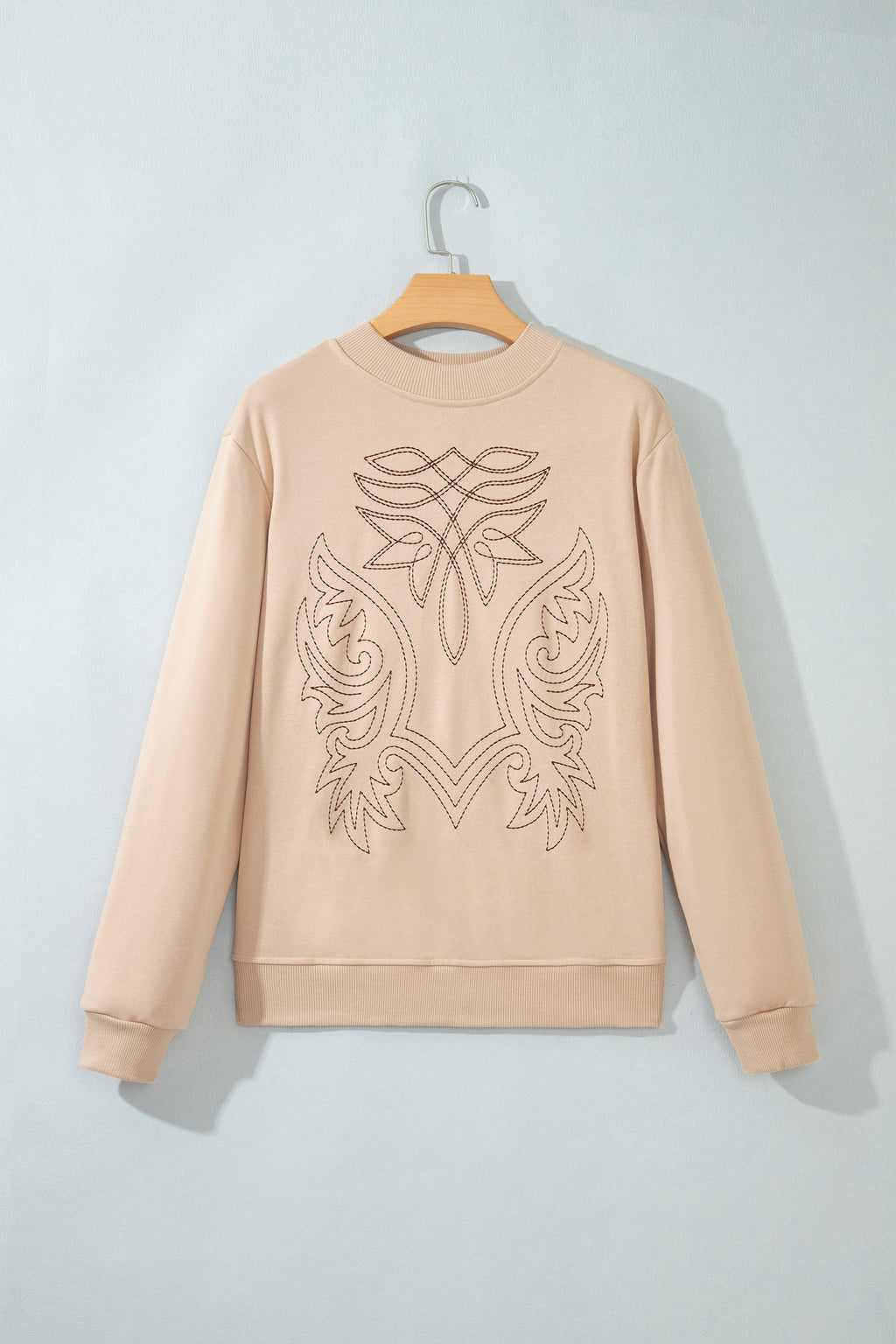 Light French Beige Western Embroidery Round Neck Pullover Long Sleeve Sweatshirt