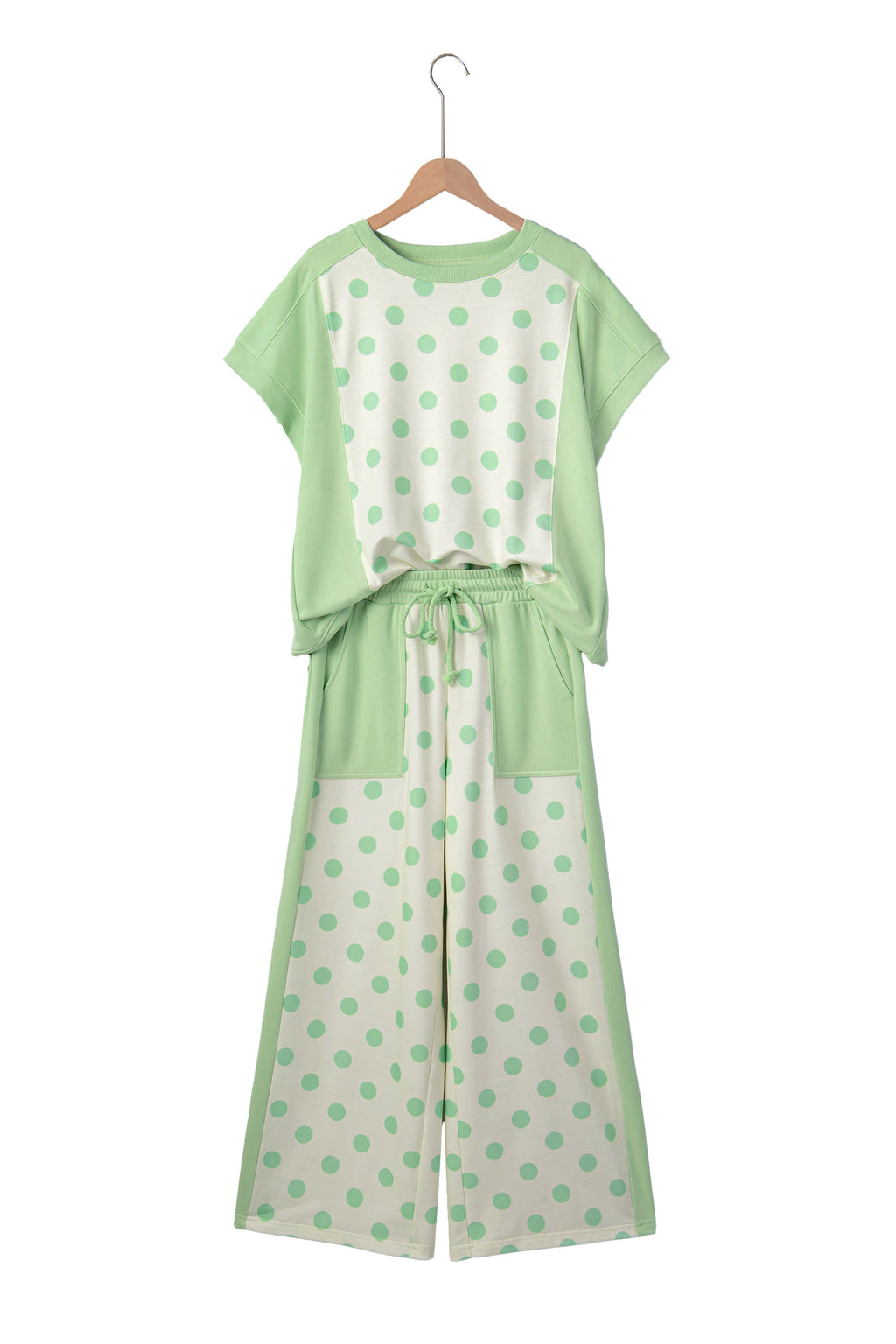 Green Color Block Patchwork Polka Dot Wide Leg Pant Set