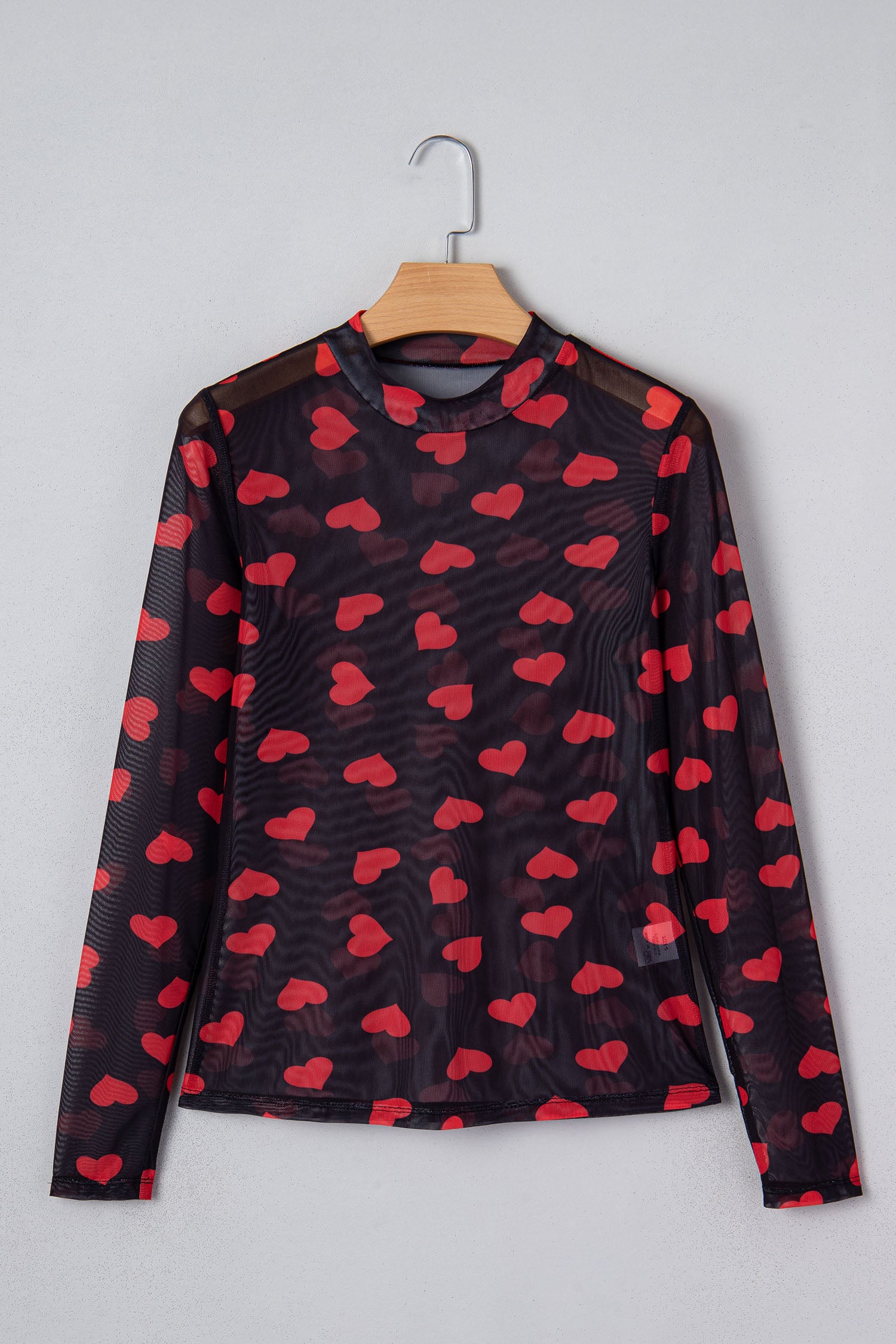 Black Valentines Heart Printed Sheer Mesh Long Sleeve Top