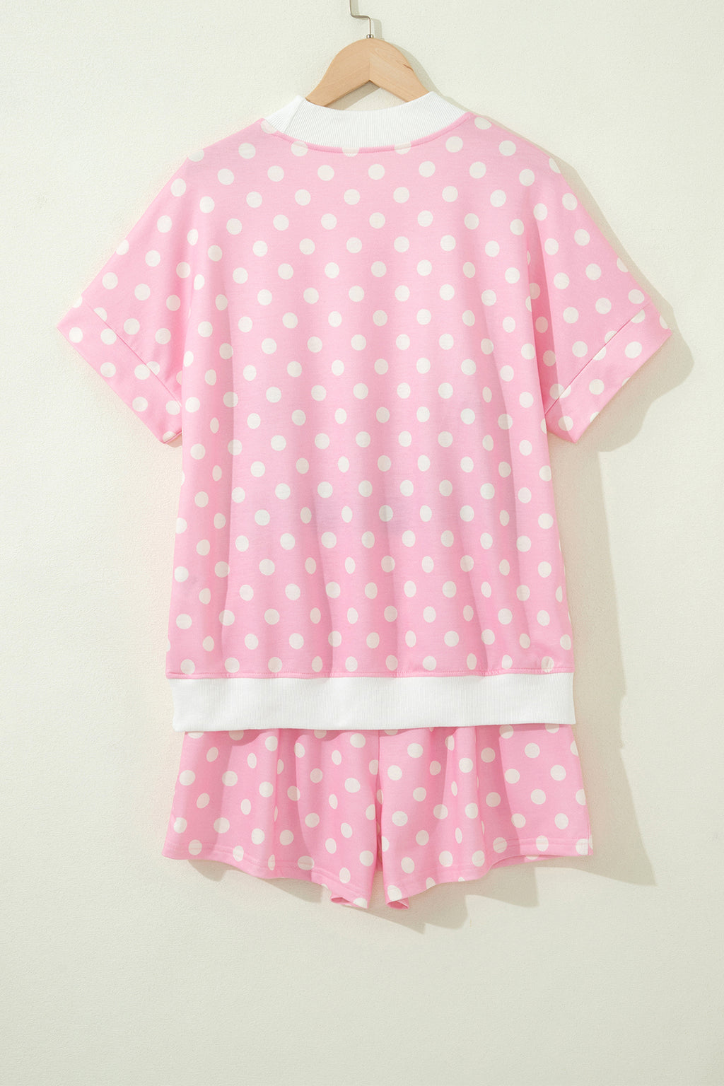 Pink Polka Dot Print Color Block Trim Mock Neck Short Set