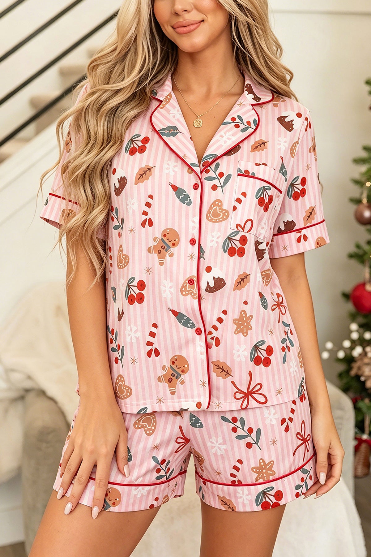 Pink Christmas Print Short-Sleeve Top & Shorts Lounge Set