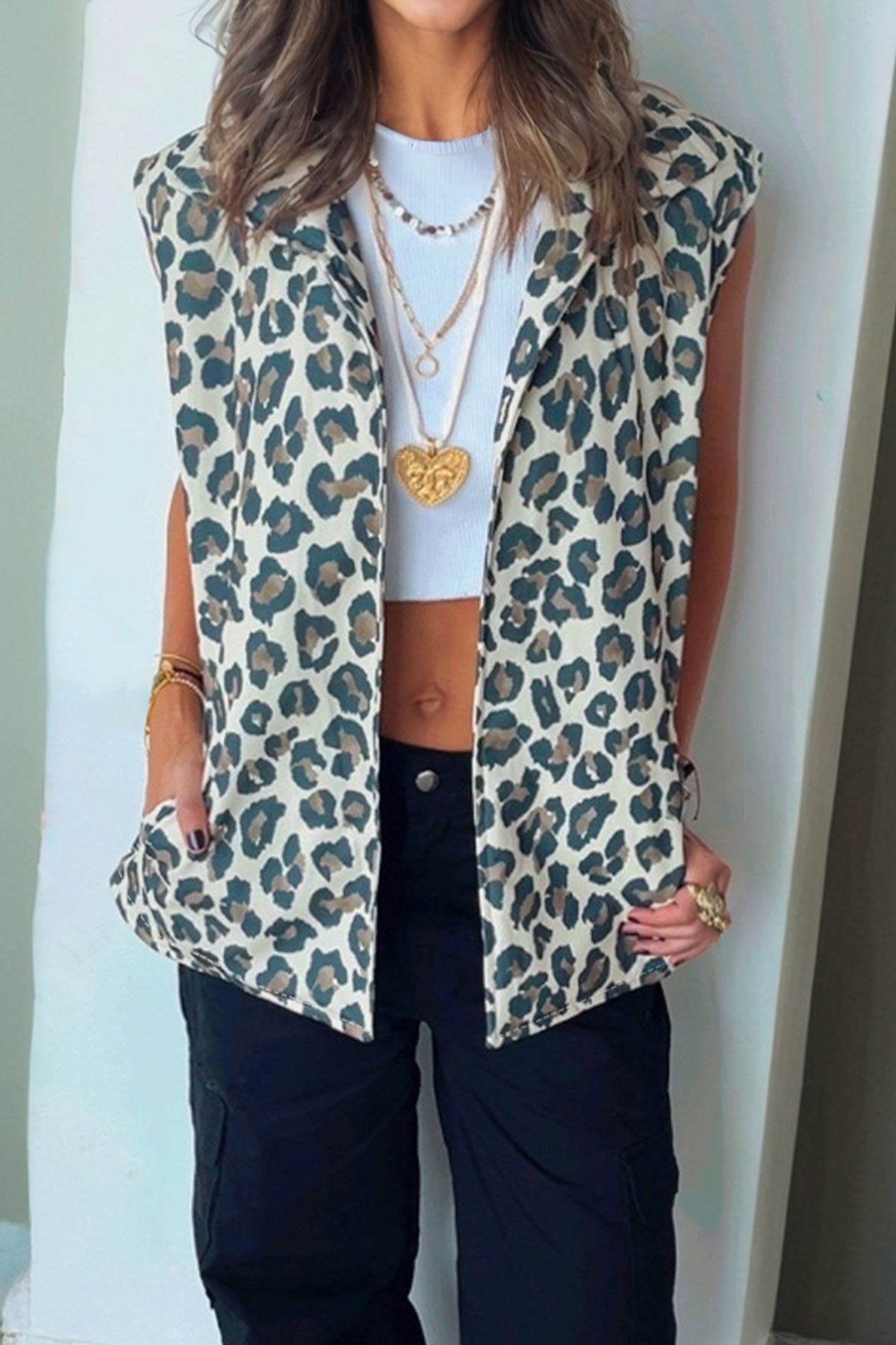 Brown Leopard Open Front Jacket Vest