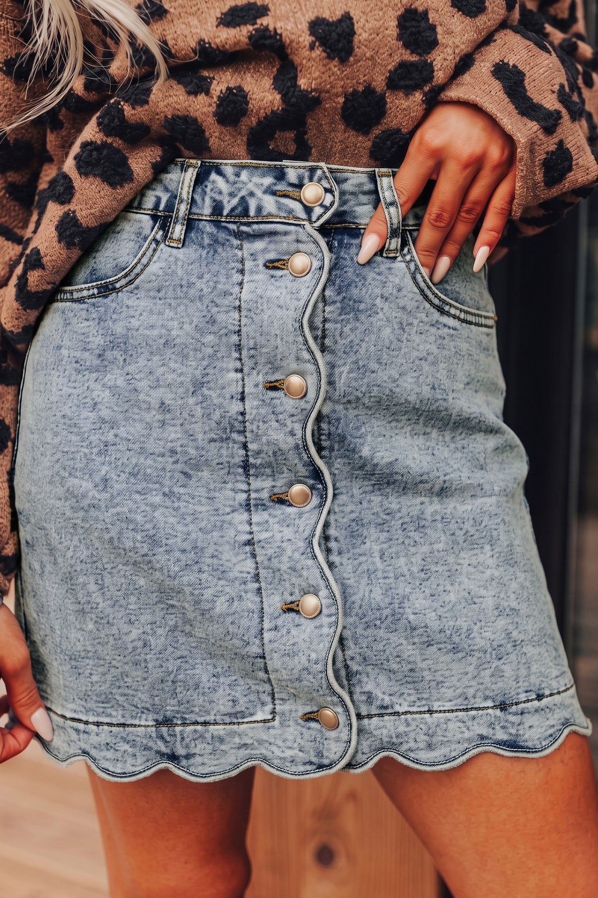 Myosotis High-Waisted Scalloped Button-Front Denim Skirt