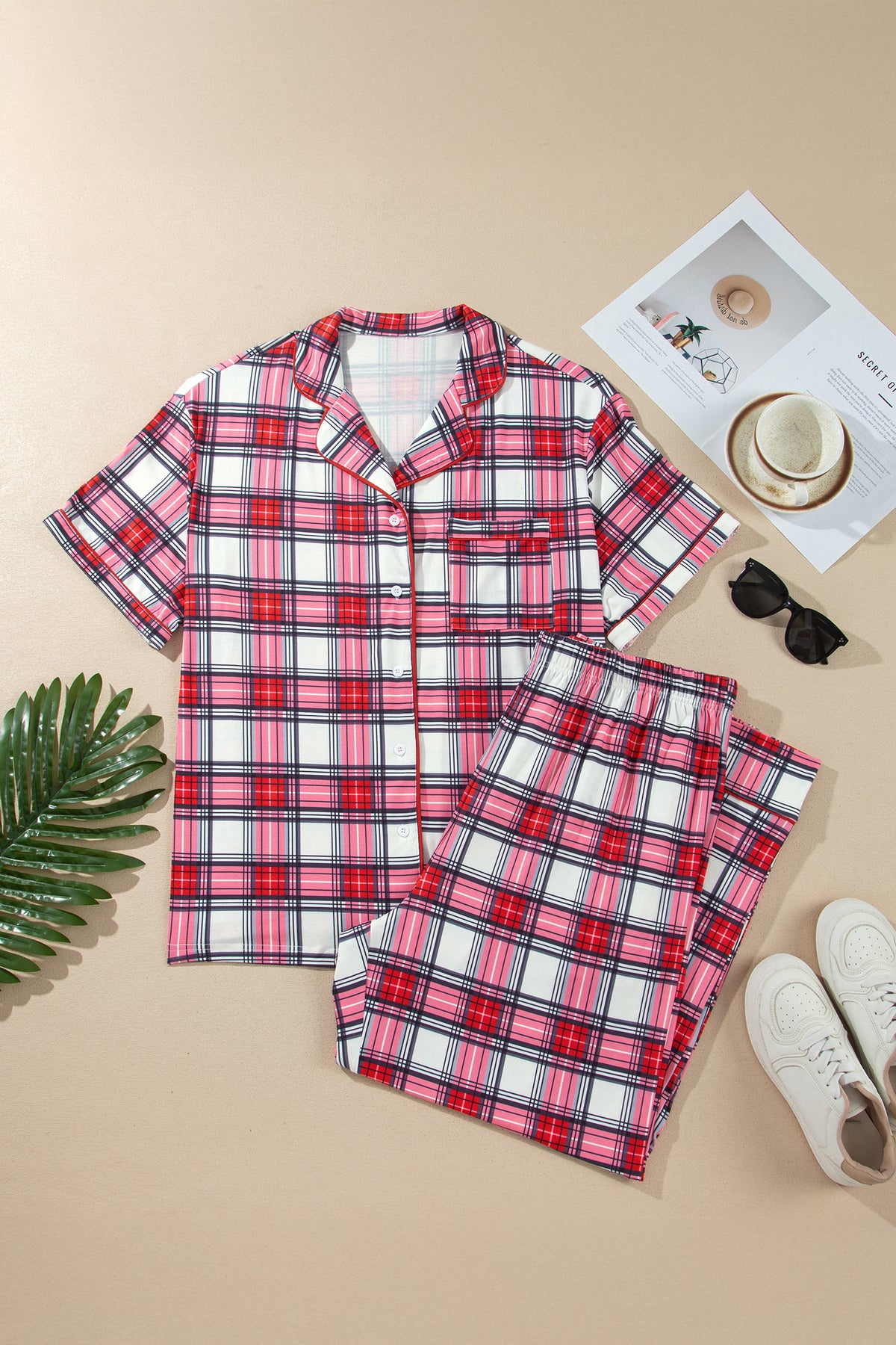 Red Plus Size Plaid Short-Sleeve Top & Pants Pajama Set