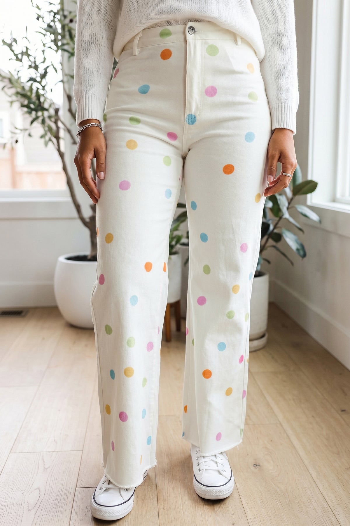 White Polka Dot High-Rise Straight-Leg Jeans